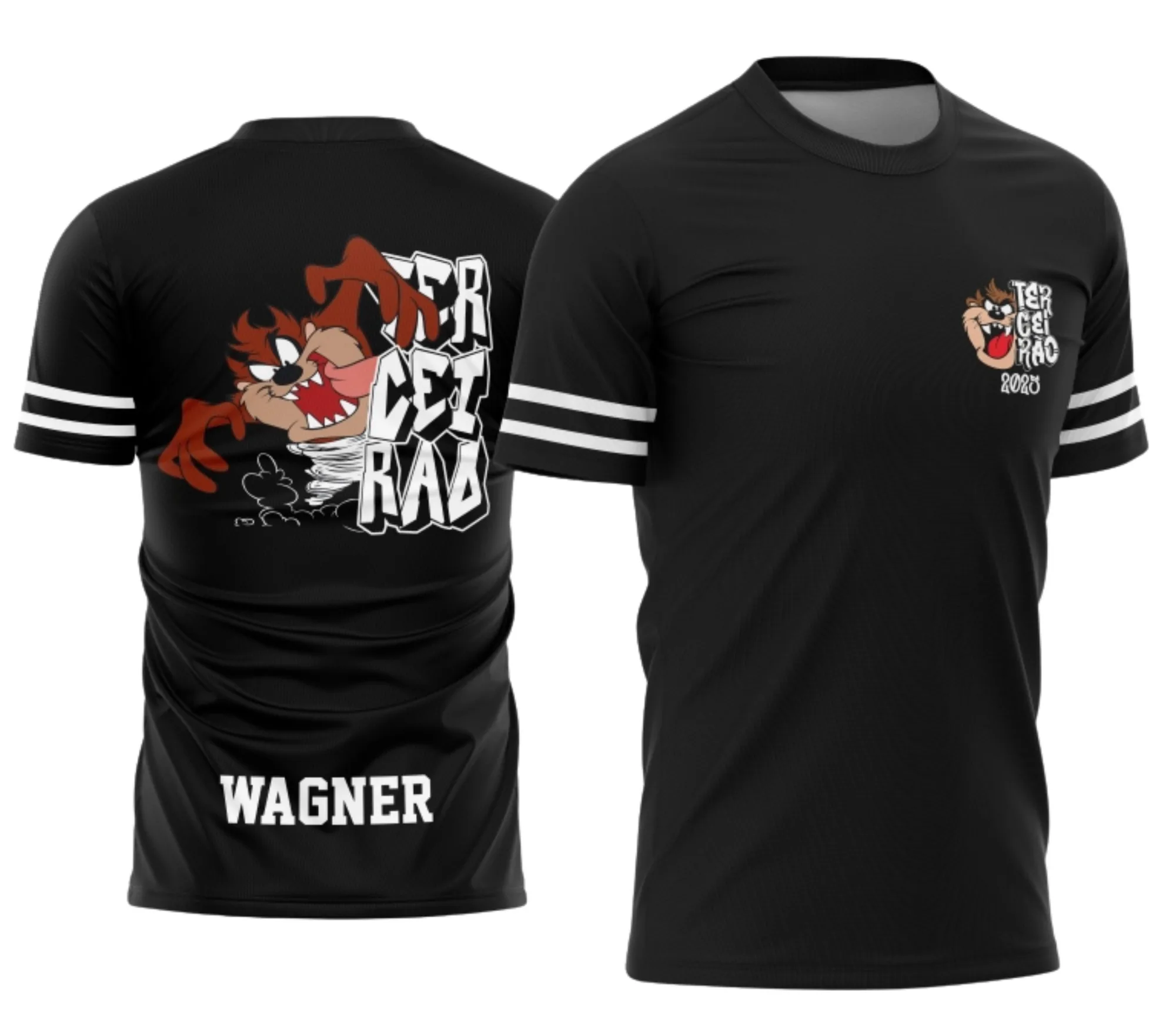 Camiseta unissex preta com logo no peito e estampa grande nas costas, tema Terceirão Taz Mania 2026, design vibrante e jovial, perfeita para estudantes que querem marcar esse momento especial.