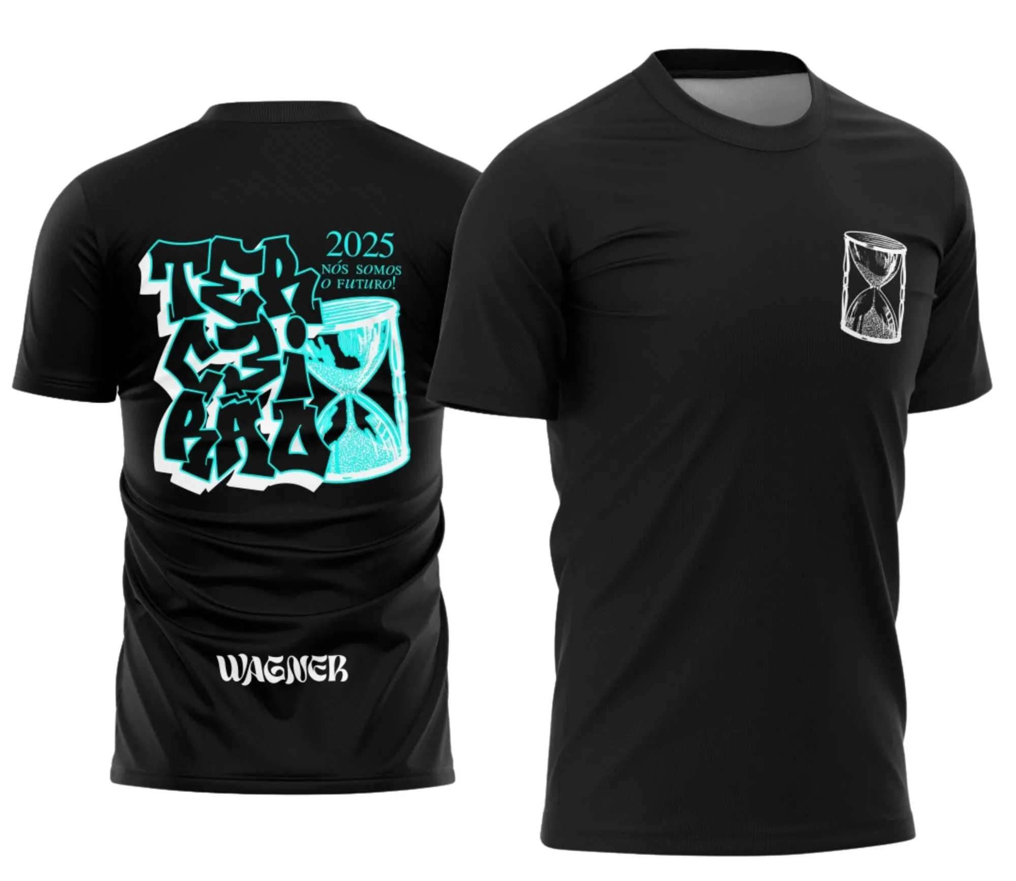 Camiseta unissex preta com logo no peito e estampa grande nas costas, design inspirado em Terceirão Graffiti Urbano Ampulheta, perfeita para estilo streetwear moderno.