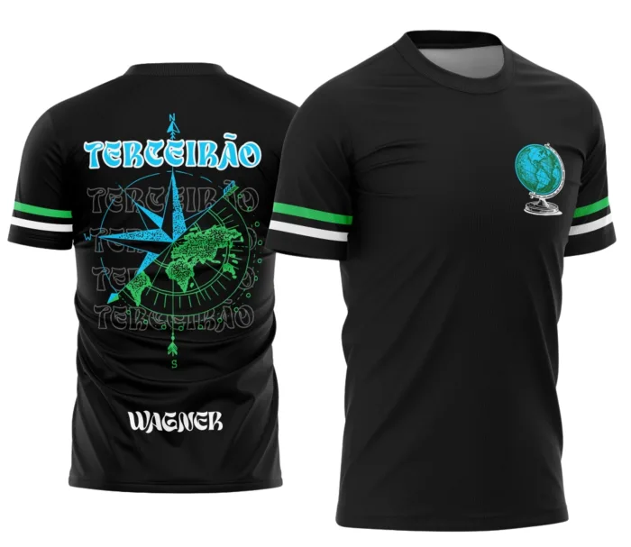 Camiseta unissex preta com logo no peito e estampa grande nas costas do Terceirão Rosa dos Ventos, perfeita para estudantes que querem marcar essa fase especial.