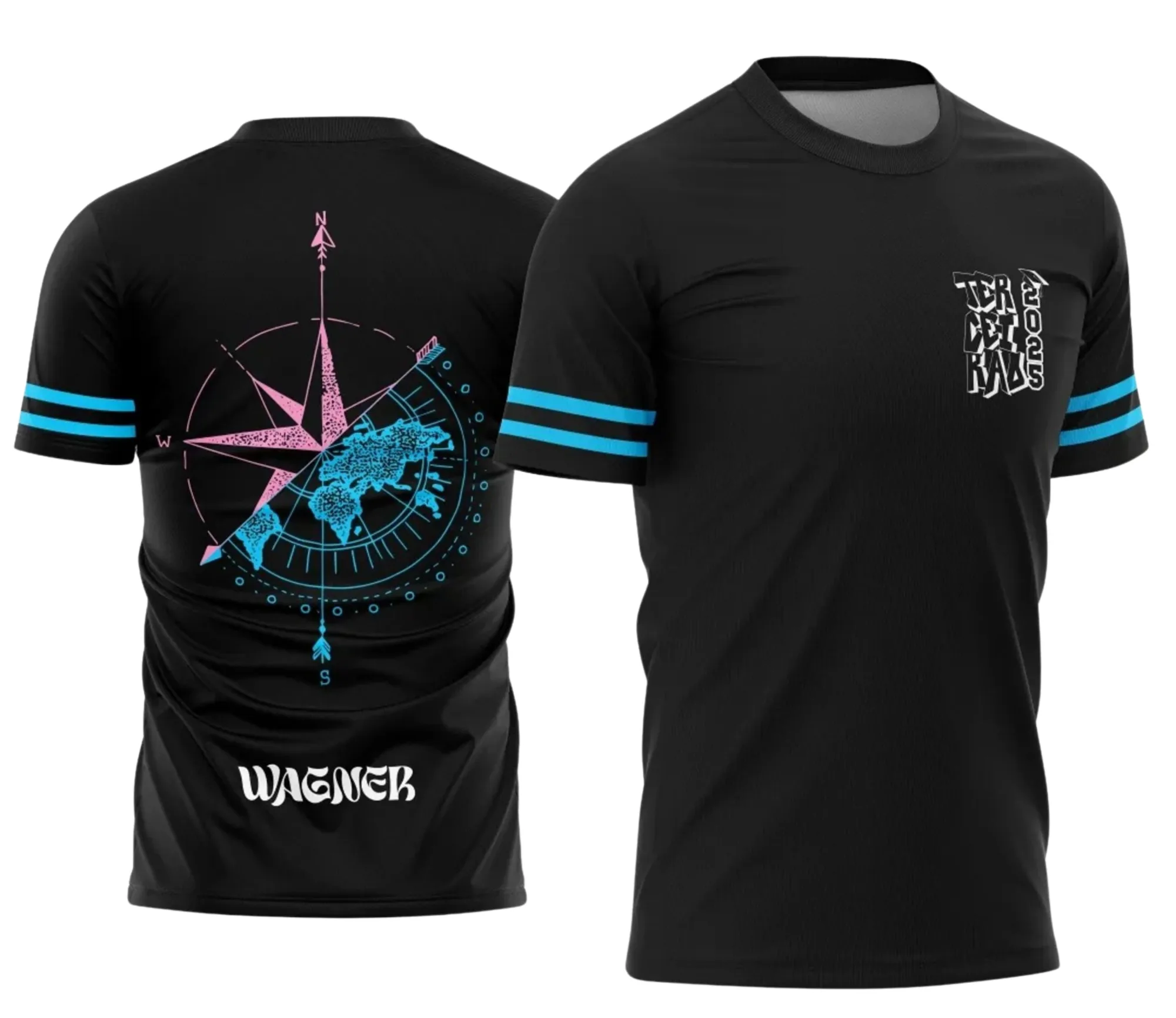 Camiseta unissex preta com logo no peito e estampa grande nas costas representando a Rosa dos Ventos em estilo Terceirão, perfeita para estudantes e fãs do tema.