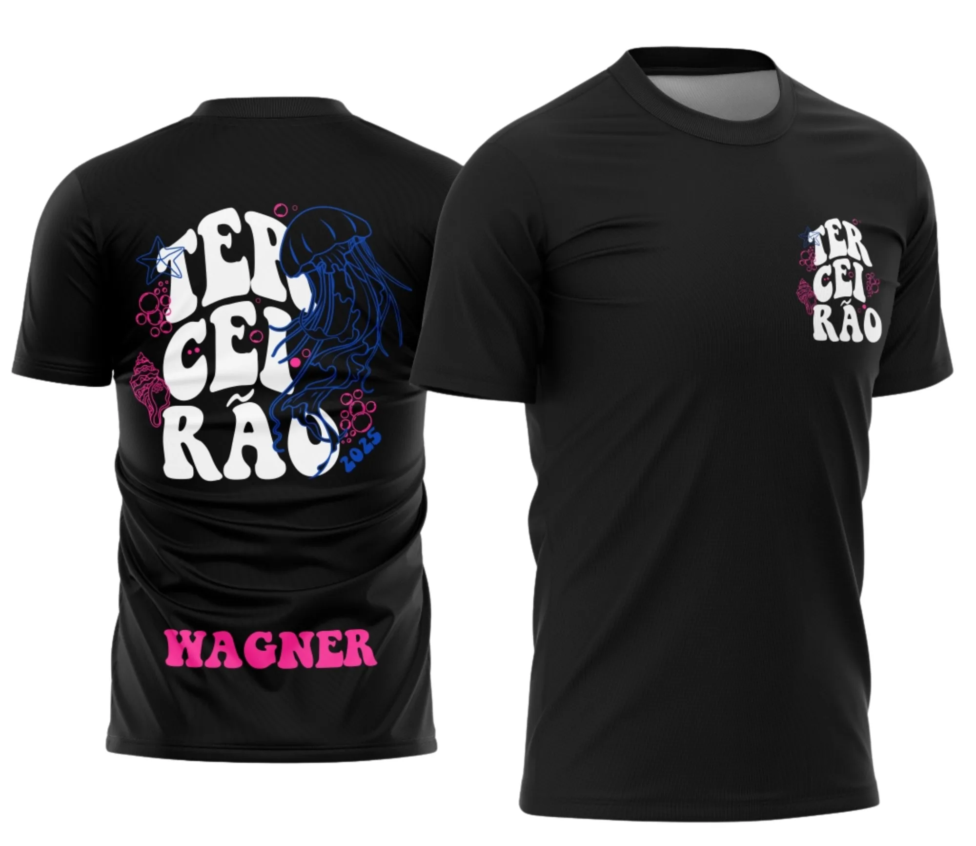 Camiseta unissex preta com logo no peito e estampa grande nas costas, tema Terceirão Água Viva, visual moderno e vibrante, perfeita para estudantes que querem marcar esta fase especial.