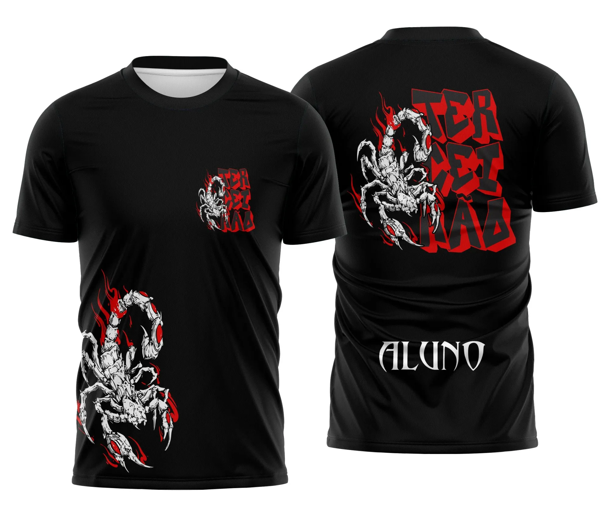 Camiseta unissex preta com logo no peito e estampa grande nas costas temática Terceirão Escorpião, ideal para estudantes formando, design impactante e moderno.