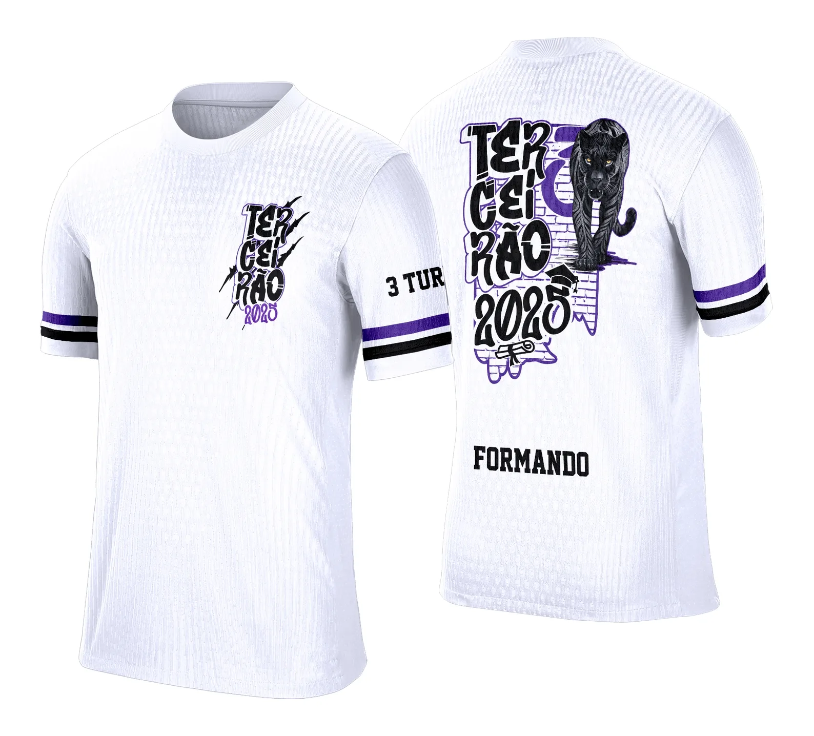 Camiseta unissex preta com logo no peito e estampa grande nas costas da Pantera Negra, perfeita para celebrar o Terceirão com estilo e identidade marcante.