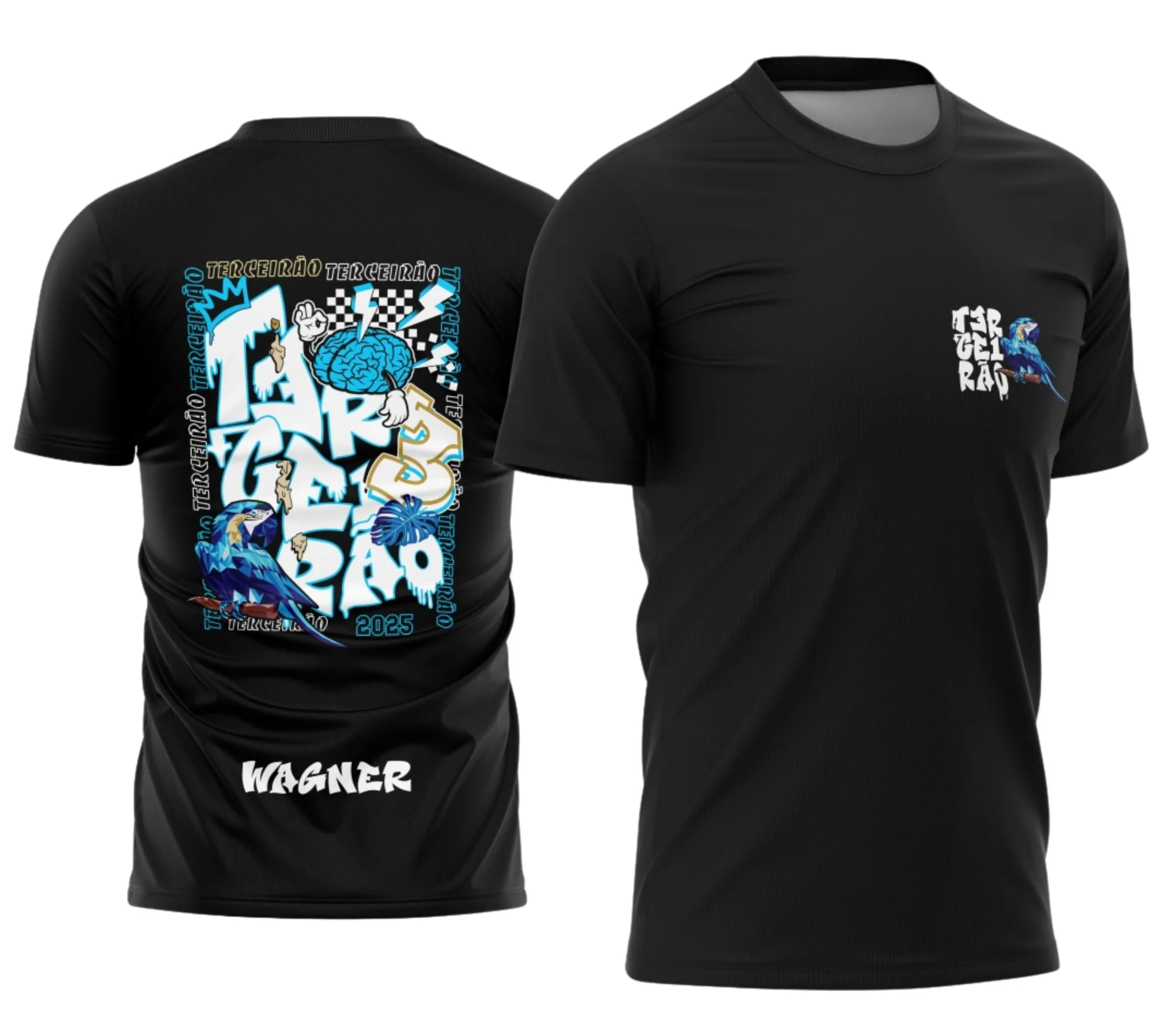 Camiseta unissex preta com logo no peito e estampa grande nas costas do tema Terceirão Graffite Arara Azul D em estilo urbano vibrante.