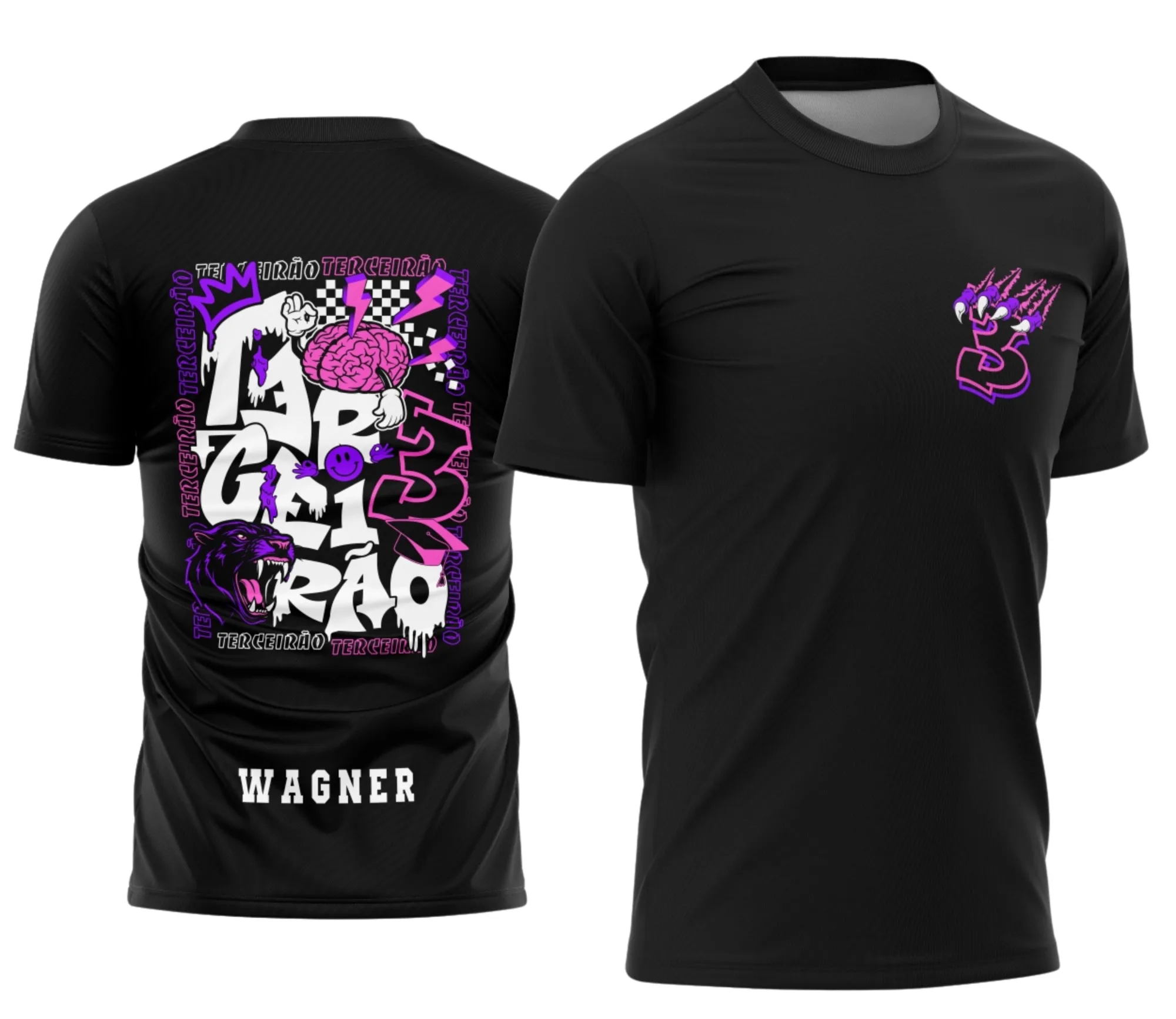 Camiseta preta unissex com logo no peito e estampa grande nas costas, temática Terceirão Pantera Negra, ideal para estudantes, visual moderno e marcante.