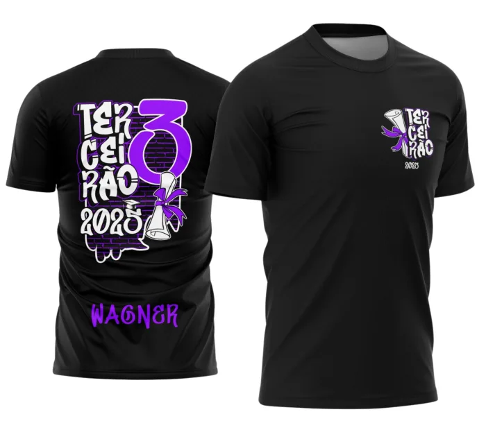 Camiseta unissex preta com logo no peito e estampa grande nas costas, tema Terceirão Diploma Exclusivo, design vibrante e moderno para estudantes celebrando a formatura.