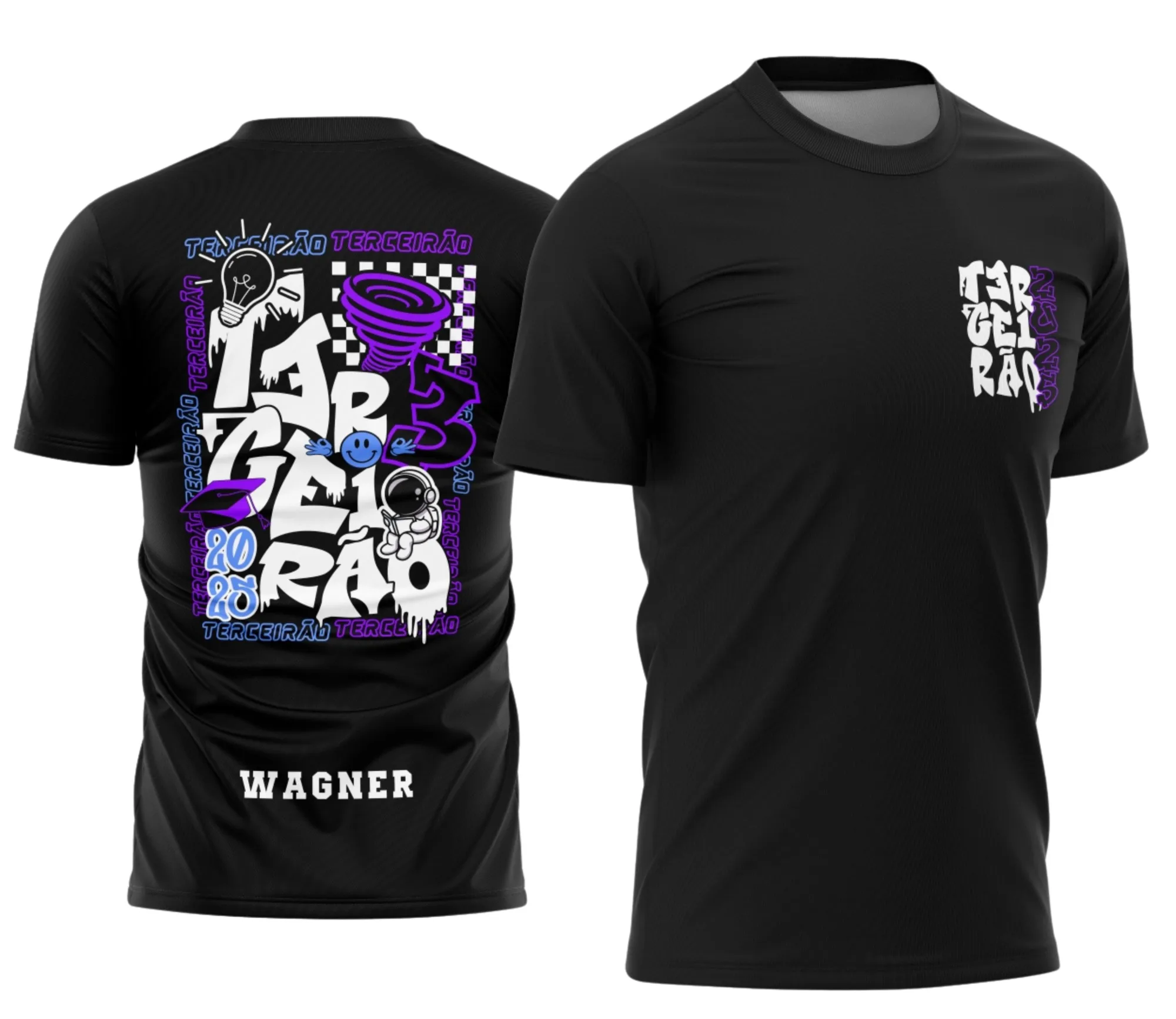 Camiseta unissex preta com logo no peito e estampa grande nas costas temática de astronauta e terceirão, ideal para estudantes que querem produtos únicos e estilosos.