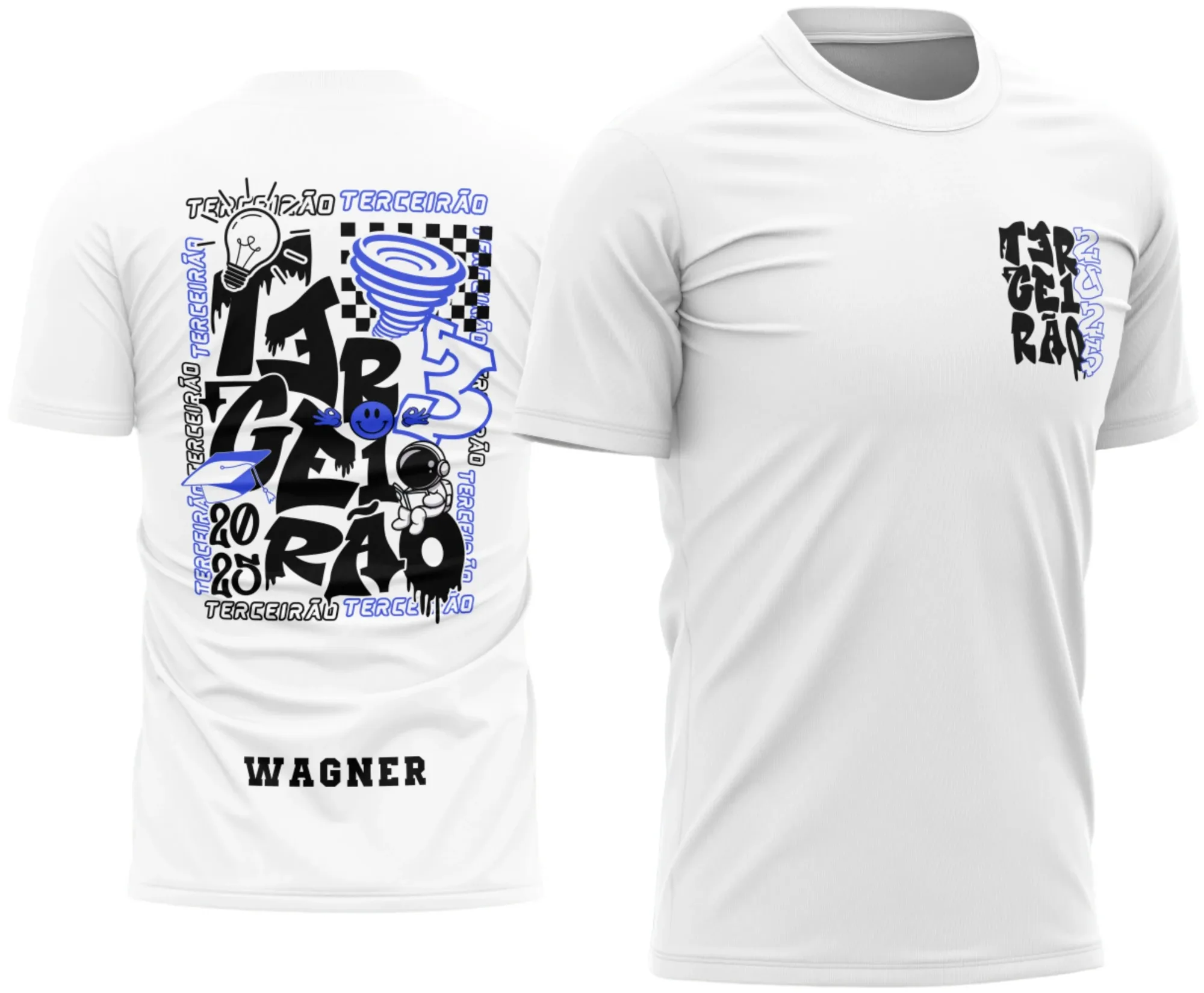 Camiseta unissex preta com logo no peito e estampa grande nas costas com tema Terceirão Astronauta, design moderno e estiloso, perfeita para festas de formatura e encontros da turma.