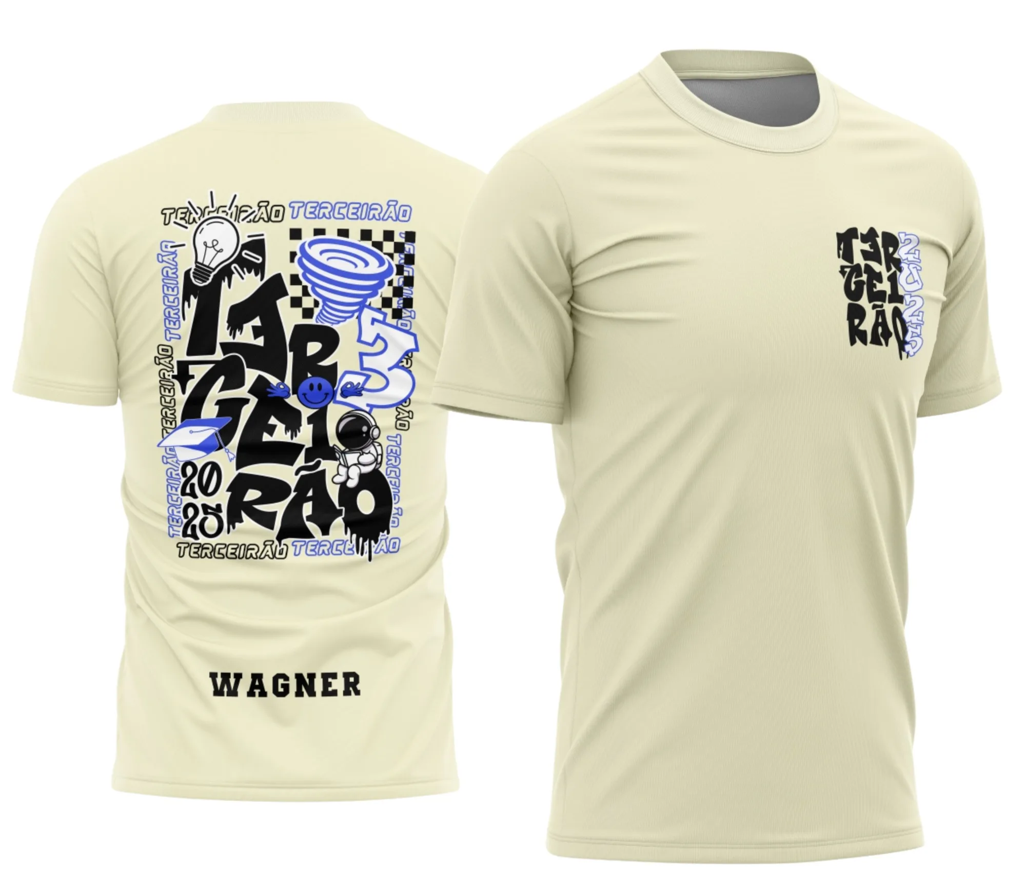 Camiseta preta unissex com logo no peito e estampa grande nas costas, inspirada no tema Terceirão Astronauta, perfeito para quem ama espaço e desafio.