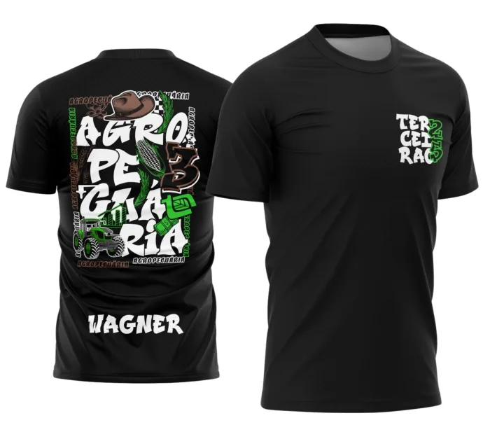 Camiseta unissex preta com logo no peito e estampa grande nas costas destacando tema do Terceirão Agropecuária, perfeita para estudantes e eventos da área.