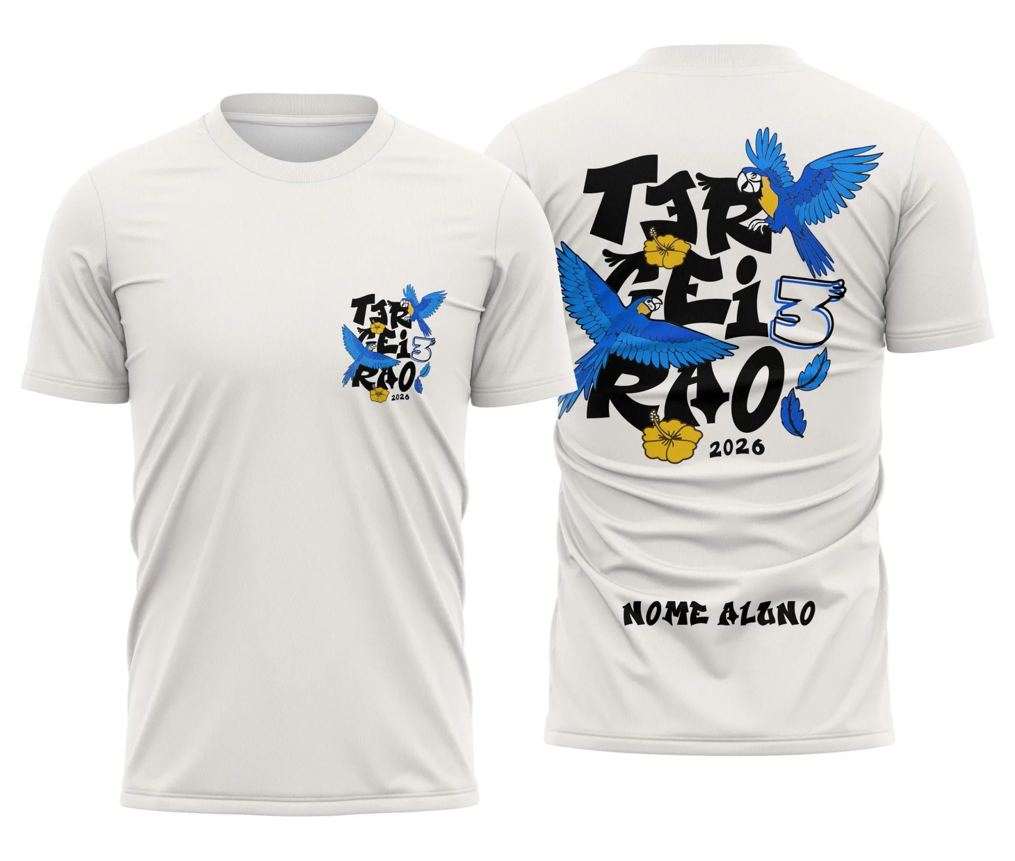 Camiseta unissex preta com logo no peito e estampa grande nas costas representando Araras Azuis voando, ideal para ensino médio e turma do terceirão