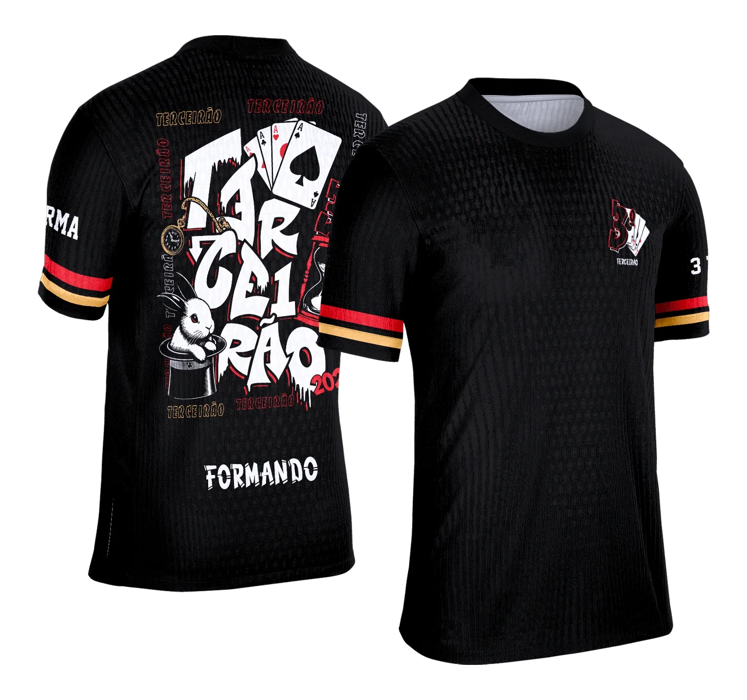 Camiseta unissex preta com logo no peito e estampa grande nas costas com tema Terceirão Coelho com Cartola, destacando estilo e exclusividade.