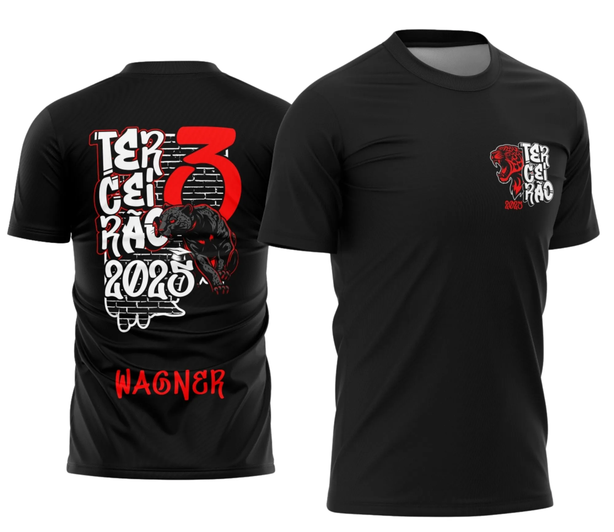 Camiseta unissex preta com logo no peito e estampa grande nas costas inspirada em Pantera Negra Terceirão Exclusiva