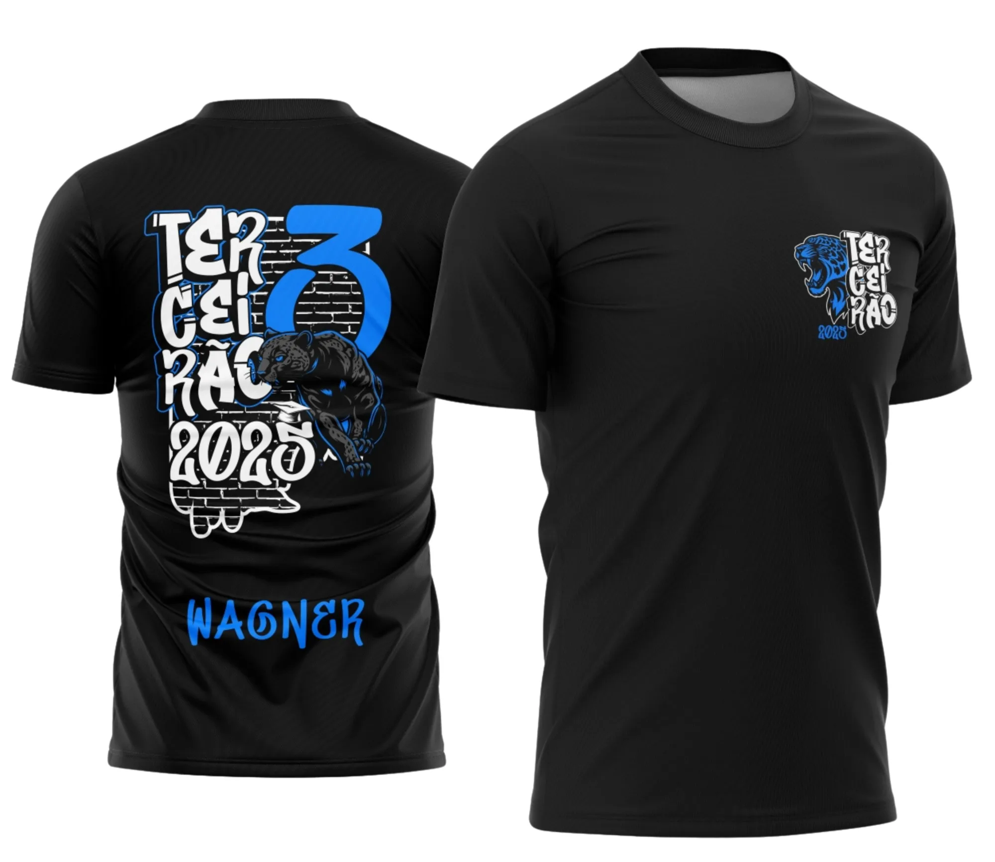 Camiseta unissex preta com logo no peito e estampa grande nas costas, tema Terceirão Pantera Negra, design moderno e impactante, perfeita para estudantes da última série.