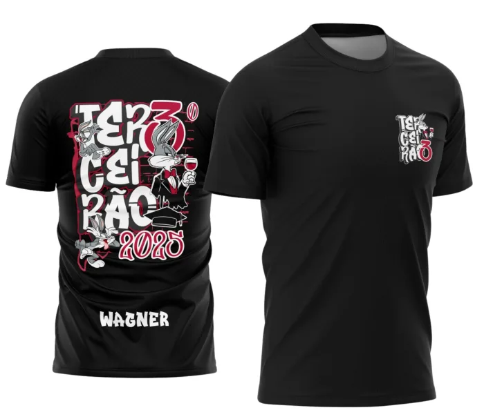 Camiseta unissex preta com logo no peito e estampa grande nas costas tema Terceirão Coelho Pernalonga, design vibrante e moderno para turmas de concluintes.