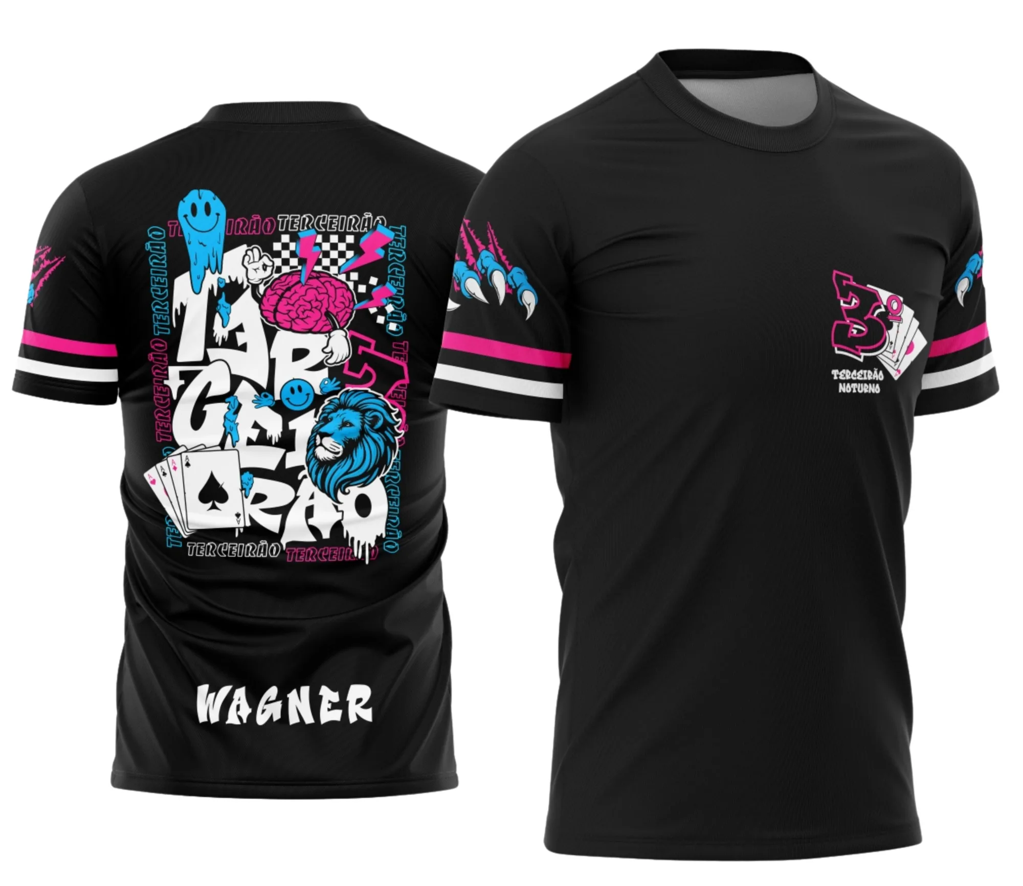 Camiseta unissex preta com logo no peito e estampa grande nas costas com o tema Leão Poderoso Terceirão, design impactante e moderno para uso escolar e eventos.