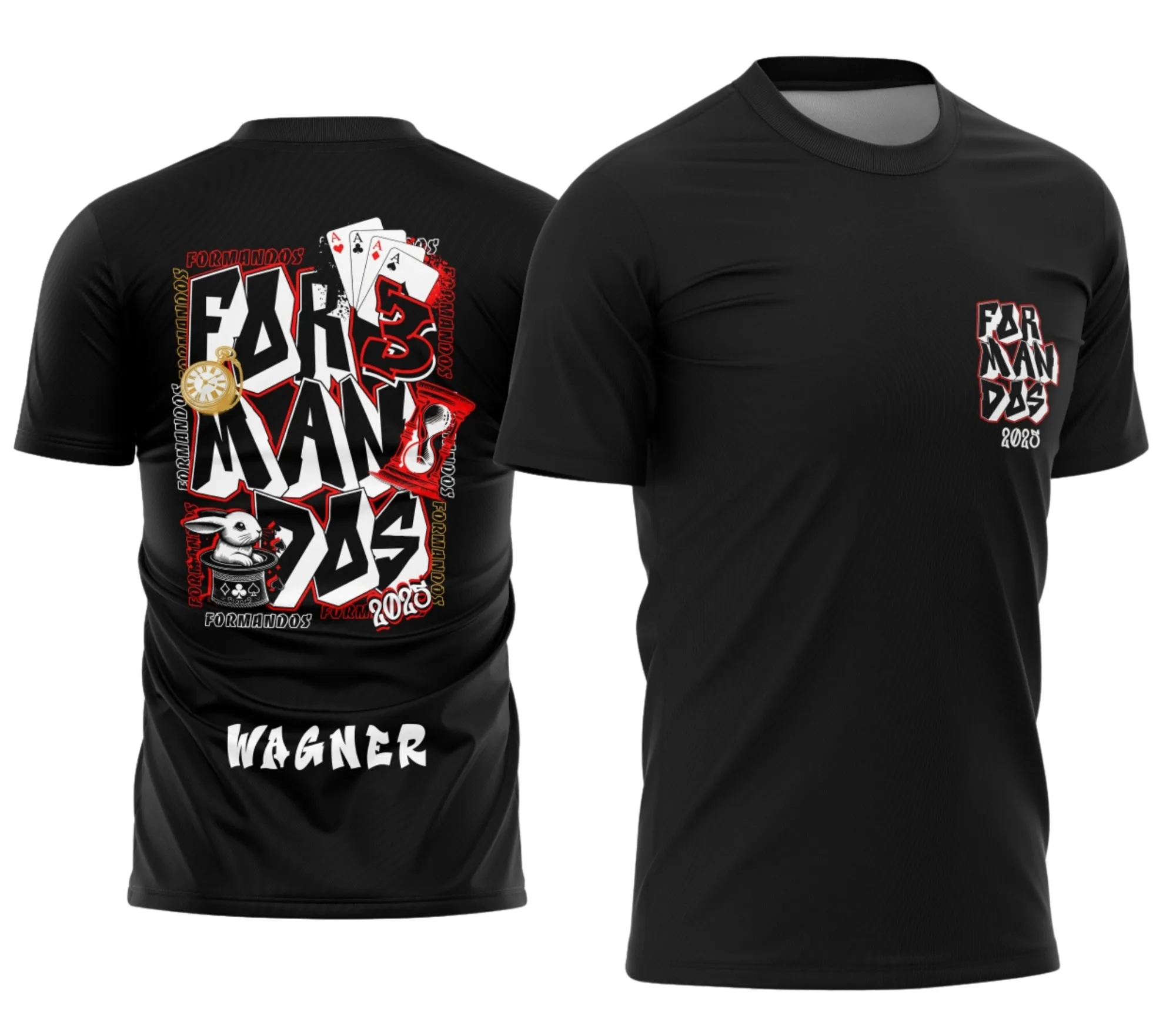 Camiseta unissex preta com logo no peito e estampa grande nas costas, tema Formandos Terceirão com Naipe e Coelho, ideal para celebração de turma com estilo moderno e divertido.