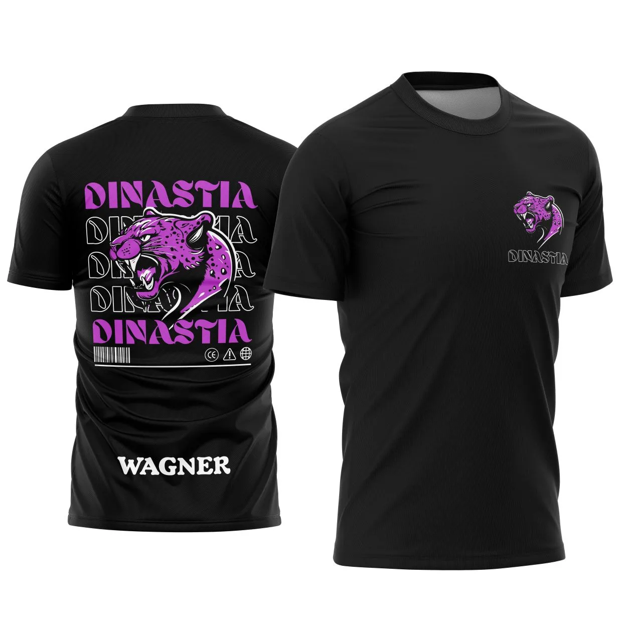 Camiseta unissex preta com logo no peito e estampa grande nas costas do Terceirão Pantera Negra, com o símbolo da dinastia, perfeita para fãs e estudantes que valorizam identificação e estilo.