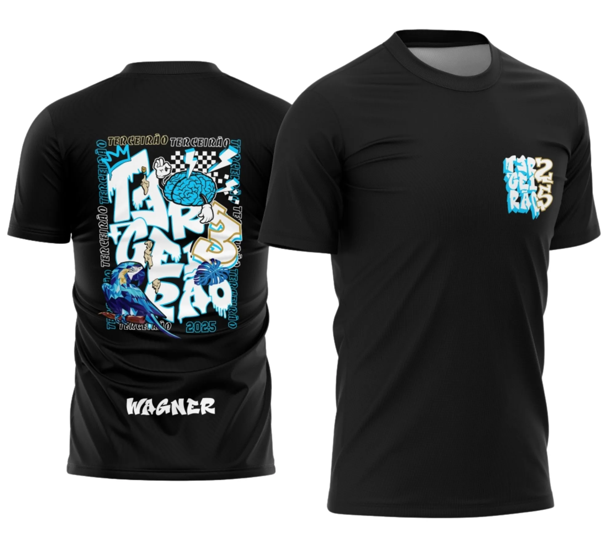 Camiseta unissex preta com logo no peito e estampa grande nas costas mostrando a Arara Azul em estilo graffite exclusiva para Terceirão