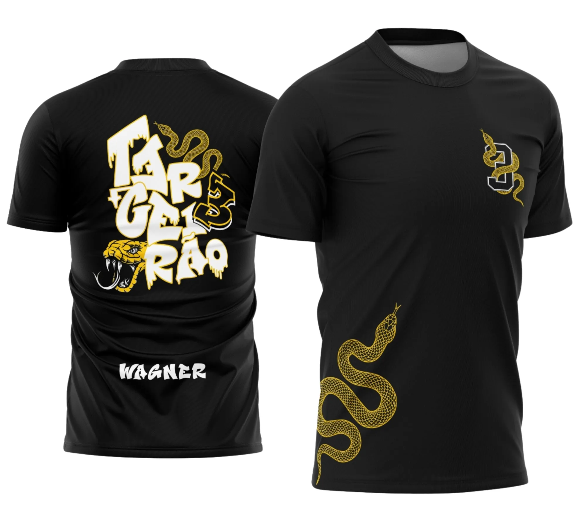 Camiseta unissex preta com logo no peito e estampa grande nas costas mostrando uma cobra amarela estilizada, perfeita para quem quer um visual ousado e marcante no Terceirão.