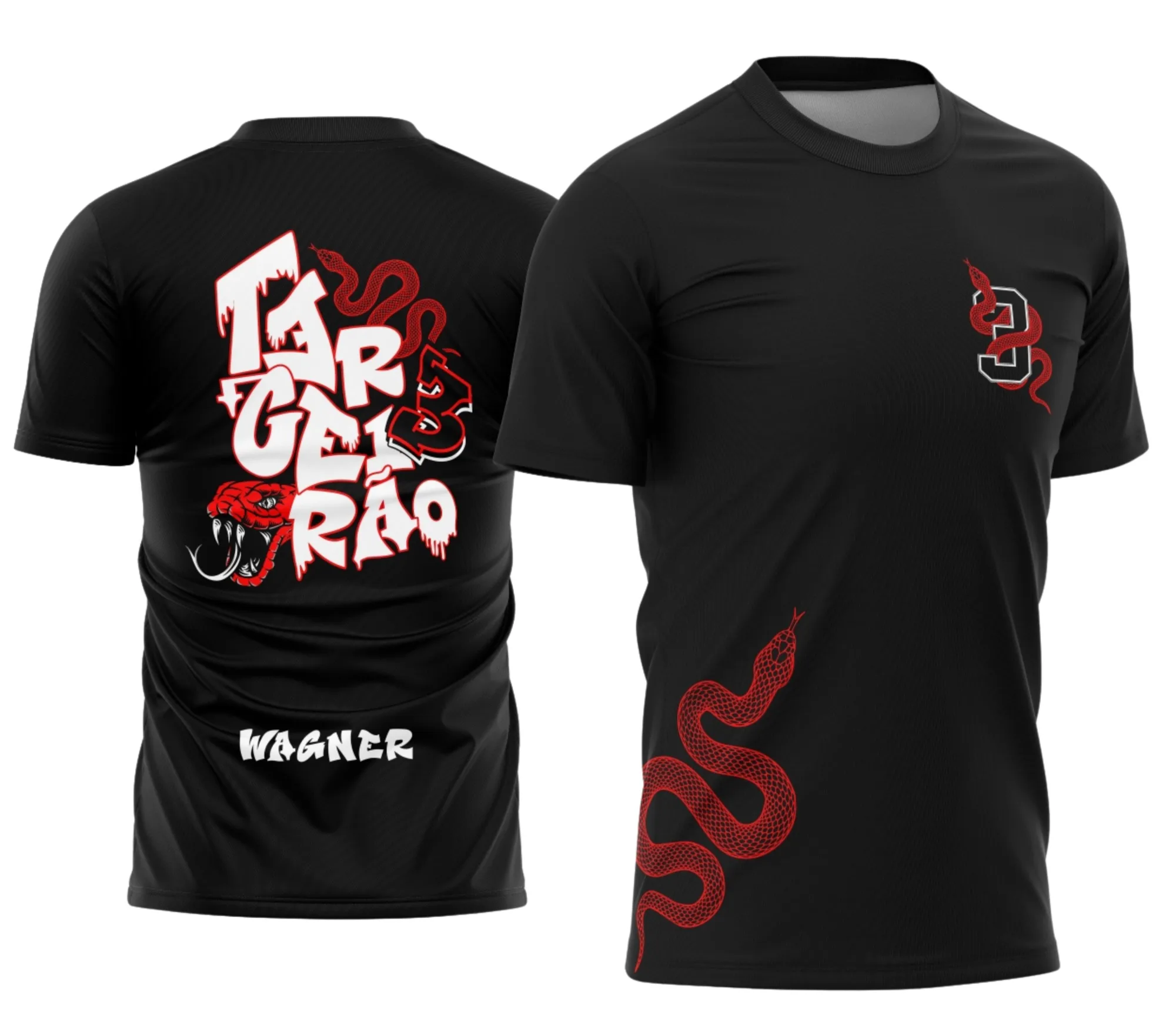 Camiseta unissex preta com logo no peito e estampa grande nas costas com design da Terceirão Cobra Vermelha, perfeita para destacar orgulho e identidade escolar.
