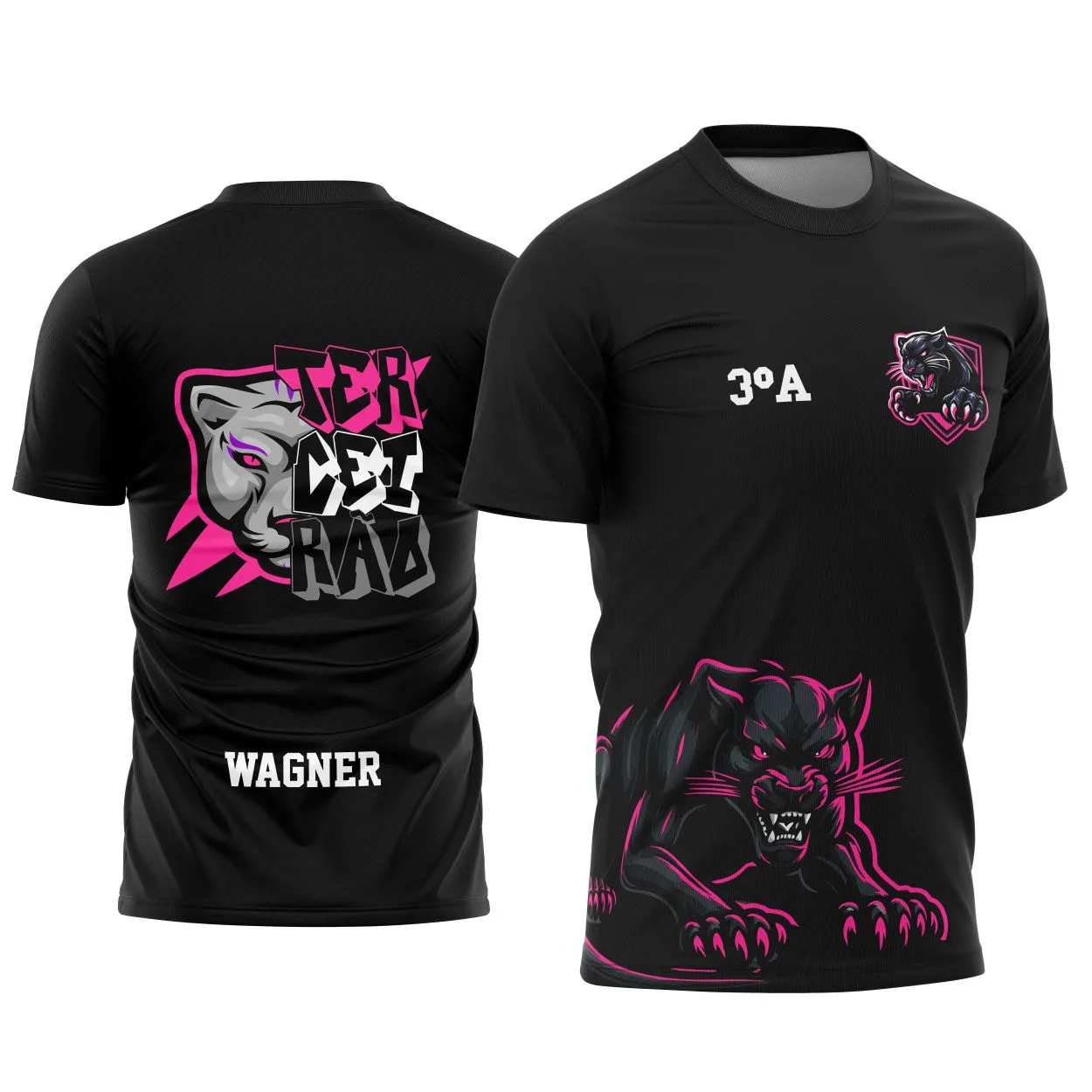 Camiseta unissex preta com logo no peito e estampa grande nas costas inspirada no Terceirão Pantera Negra, estilo moderno e impactante para estudantes.