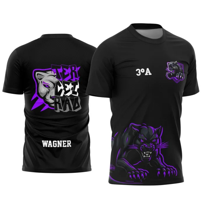 Camiseta unissex preta com logo no peito e estampa grande nas costas, tema Terceirão Pantera Orgulho Negro, ideal para jovens e grupos escolares.