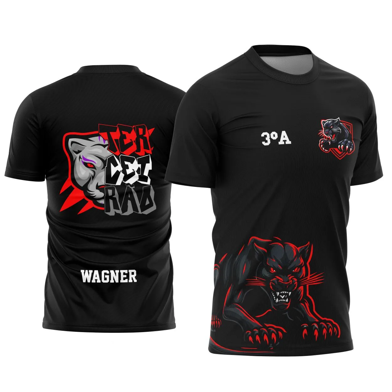 Camiseta unissex preta com logo no peito e estampa grande nas costas inspirada no Terceirão Pantera Negra, ideal para estudantes que querem estilo e identidade na produção.