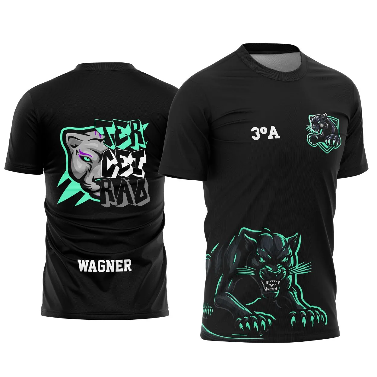 Camiseta unissex preta com logo no peito e estampa grande nas costas mostrando uma pantera imponente representando o terceirão, ideal para turma comemorativa.