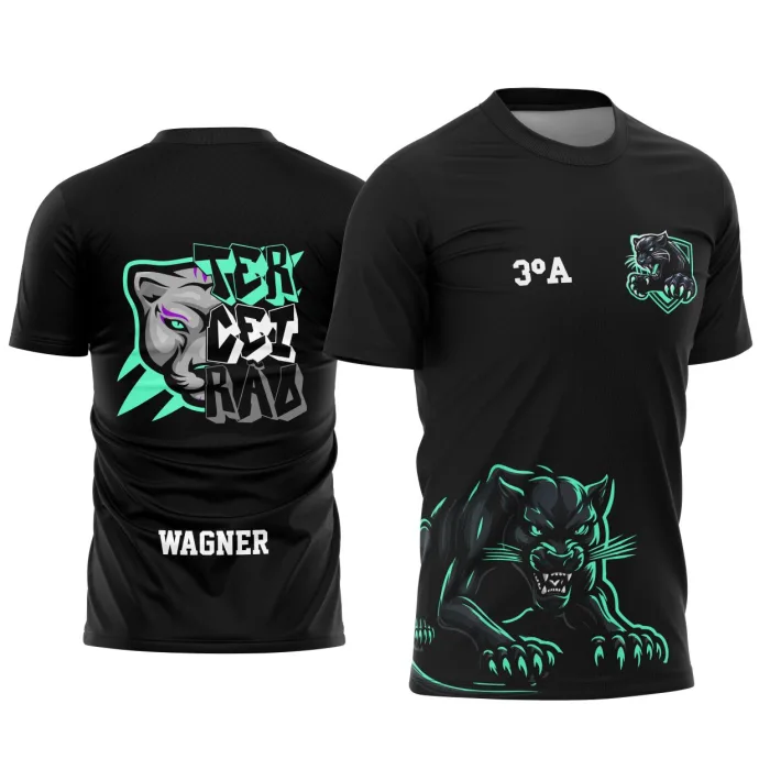 Camiseta unissex preta com logo no peito e estampa grande nas costas mostrando uma pantera imponente representando o terceirão, ideal para turma comemorativa.