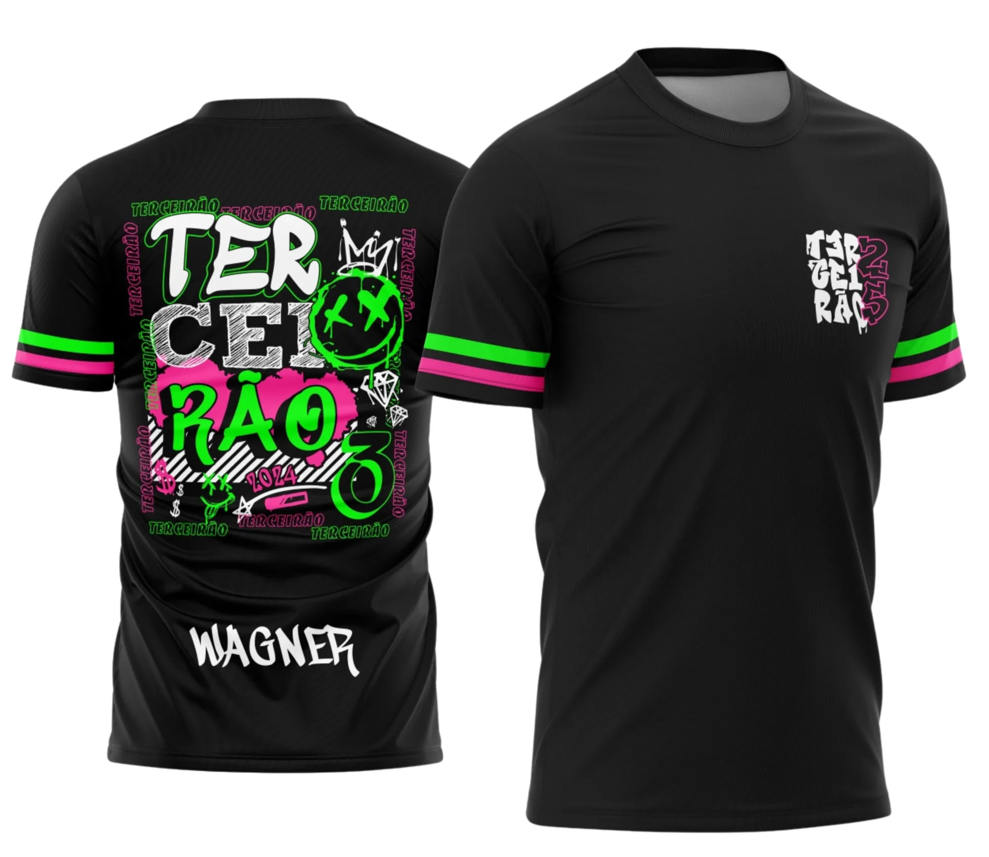 Camiseta unissex preta com logo no peito e estampa grande nas costas que destaca o estilo Terceirão Smile Grafite, perfeita para quem curte design moderno e descontraído.