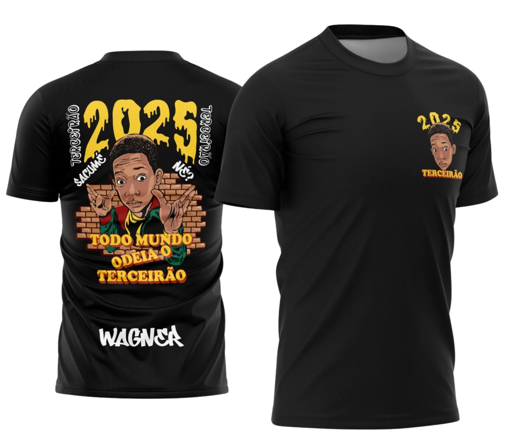Foto de camiseta unissex preta com logo no peito e estampa grande nas costas com tema Terceirão Graffiti Todo Mundo Odeia o Chris, ideal para fãs e estudantes