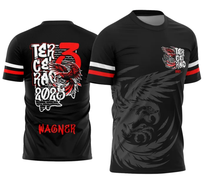 Camiseta unissex preta com logo no peito e estampa grande nas costas mostrando Terceirão Graffite Arara Vermelha, ideal para estudantes e fãs de grafite urbano.