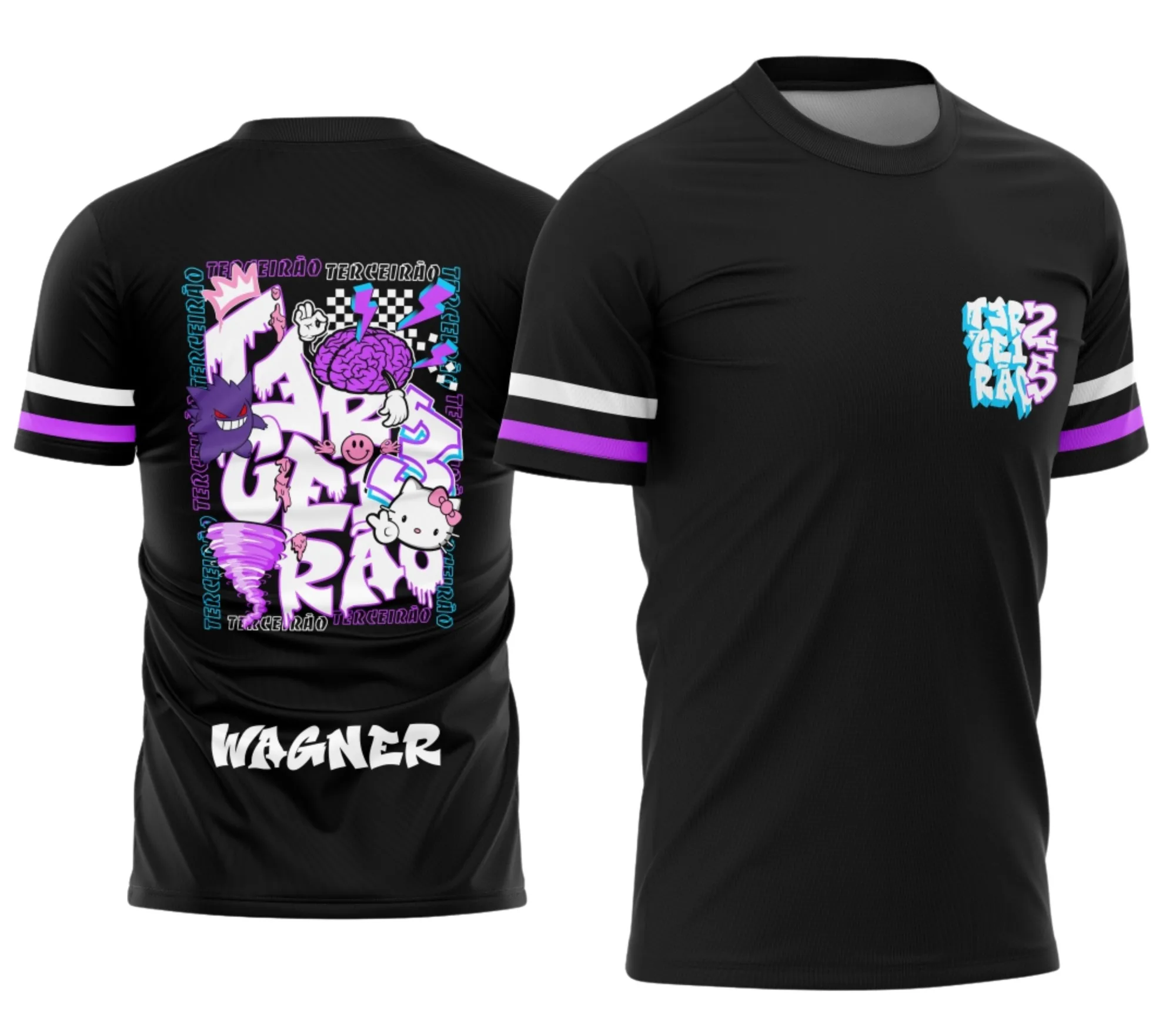 Camiseta unissex preta com logo no peito e estampa grande nas costas combinando os temas Gengar e Hello Kitty estilo Terceirão, perfeita para estudantes e fãs de cultura pop.