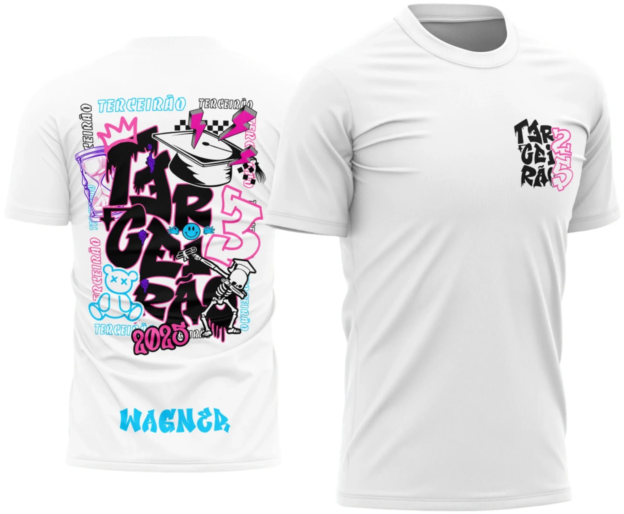 Camiseta unissex preta com logo no peito e estampa grande nas costas mostrando esqueleto em estilo graffiti, perfeita para quem quer um visual moderno e marcante no Terceirão.
