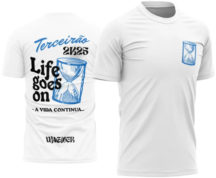 Camiseta unissex preta com logo no peito e estampa grande nas costas no tema Terceirão Estilo Ampulheta A Vida Continua, ideal para estudantes celebrando essa fase especial