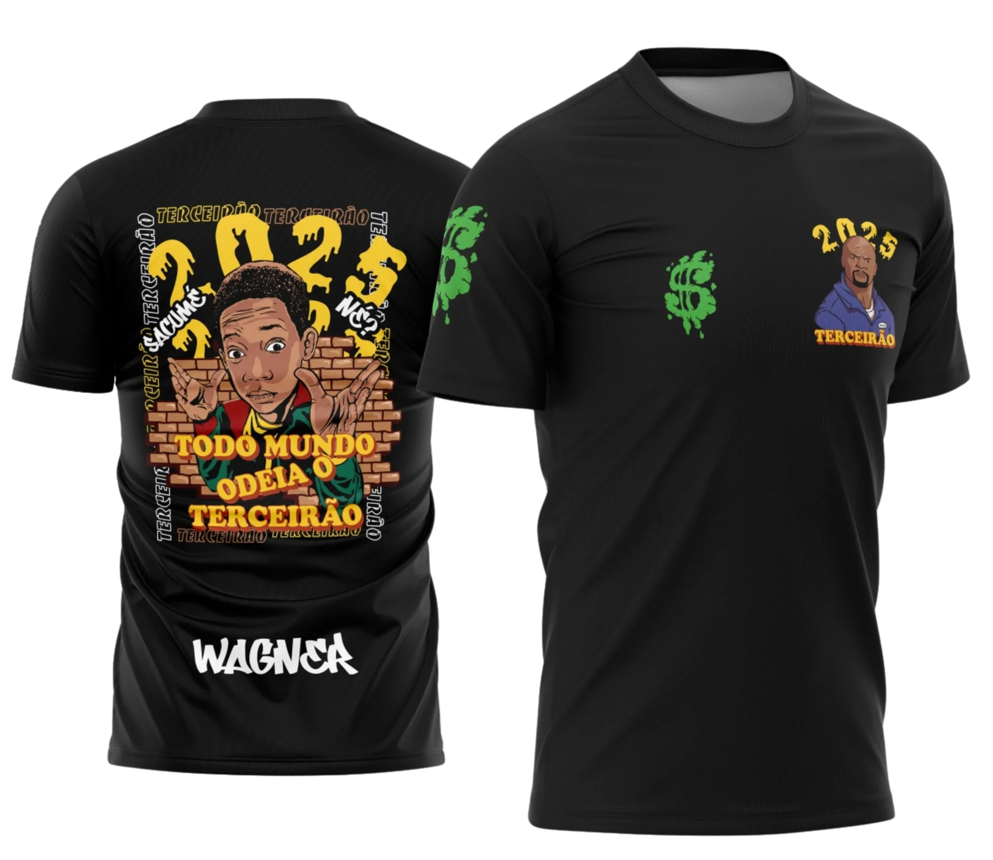 Camiseta unissex preta com logo no peito e estampa grande nas costas, inspirada no tema Terceirão com estilo graffiti do seriado Todo Mundo Odeia o Chris.