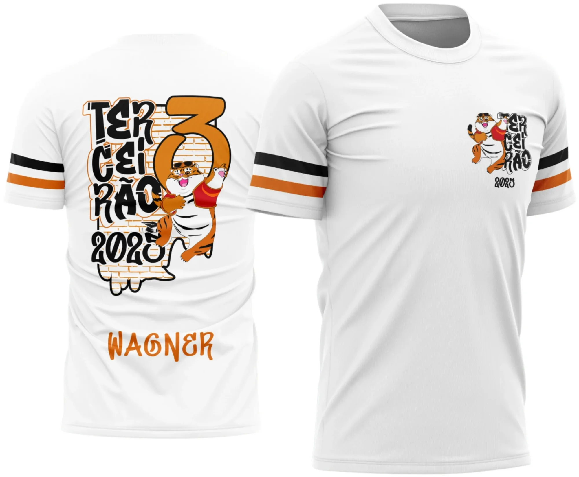 Camiseta preta unissex com logo no peito e estampa grande nas costas do Terceirão Tigrinho, visual moderno e marcante, ideal para estudantes e fãs do tema Terceirão Tigrinho.