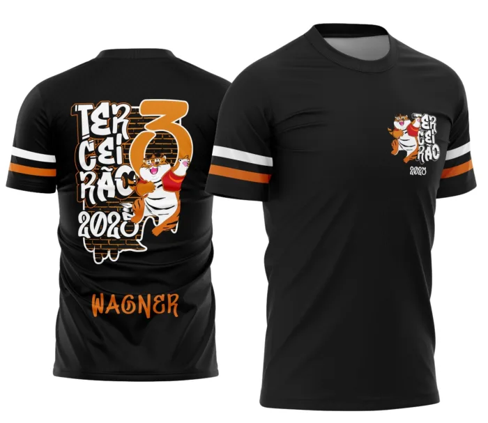 Camiseta unissex preta com logo no peito e estampa grande nas costas do Tigrinho do Terceirão, estilo descolado, perfeita para exibir orgulho da turma com conforto e estilo.