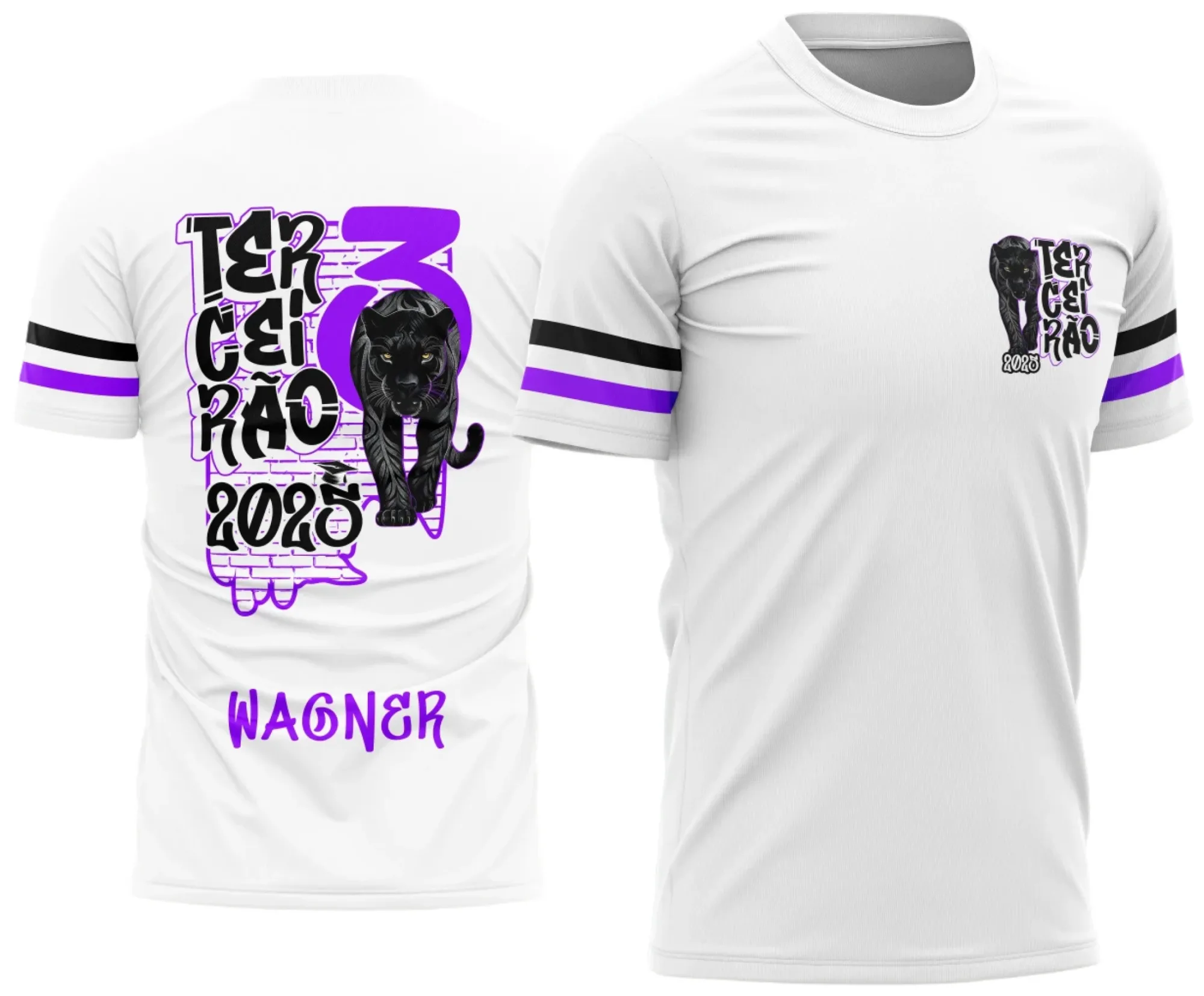 Foto da camisa preta unissex com logo no peito e estampa grande nas costas do tema Terceirão Pantera Negra modelo 2, perfeita para quem busca estilo e personalidade.