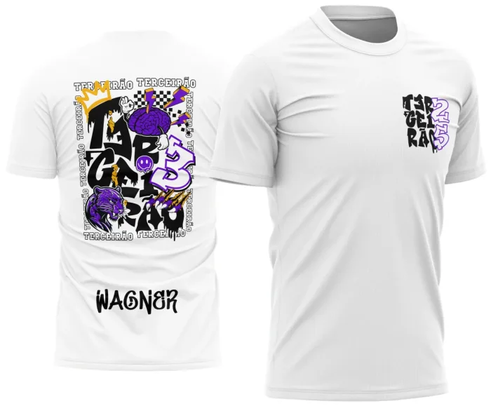 Camiseta unissex preta com logo no peito e estampa grande nas costas do Terceirão Pantera Roxa, ideal para estudantes que querem destaque no visual.