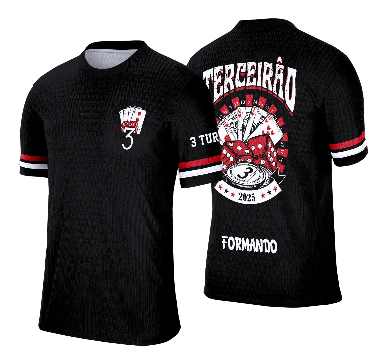 Camiseta unissex preta com logo no peito e estampa grande nas costas celebrando os formandos do Terceirão Cassino, ideal para eventos escolares e festas de formatura.