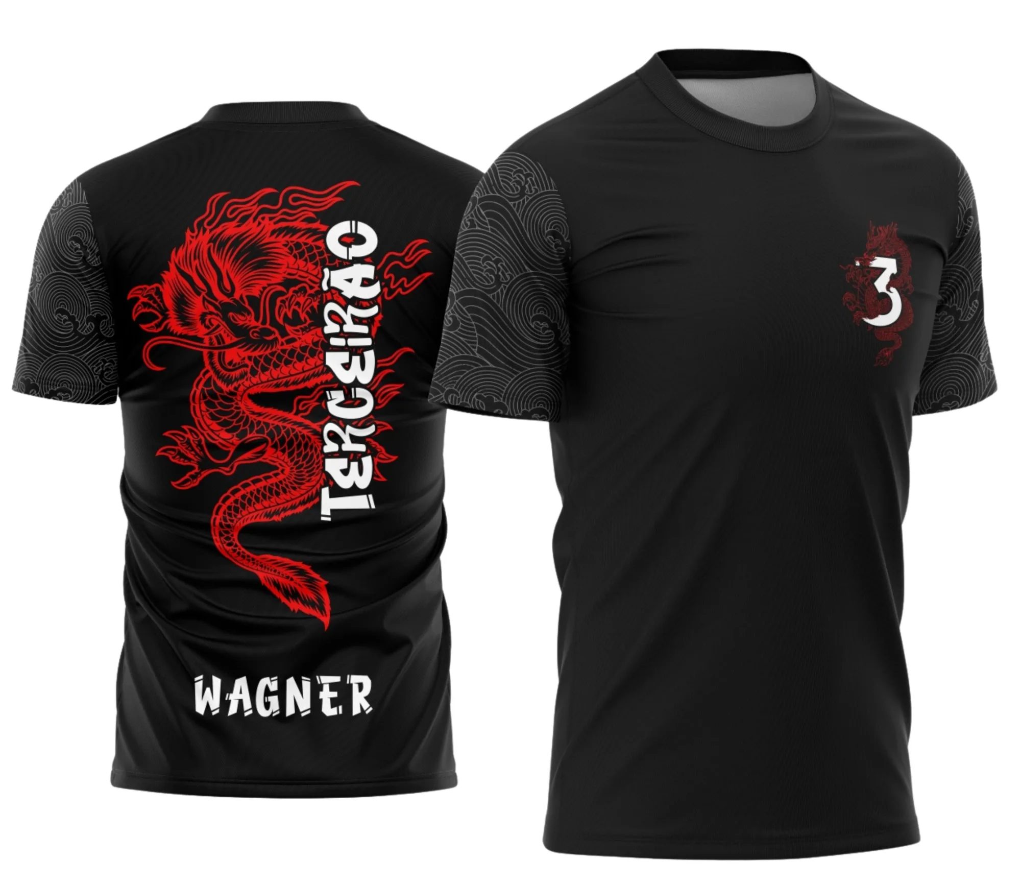 Camiseta unissex preta com logo no peito e estampa grande nas costas mostrando dragão vermelho para turma do Terceirão, estilo marcante e moderno.