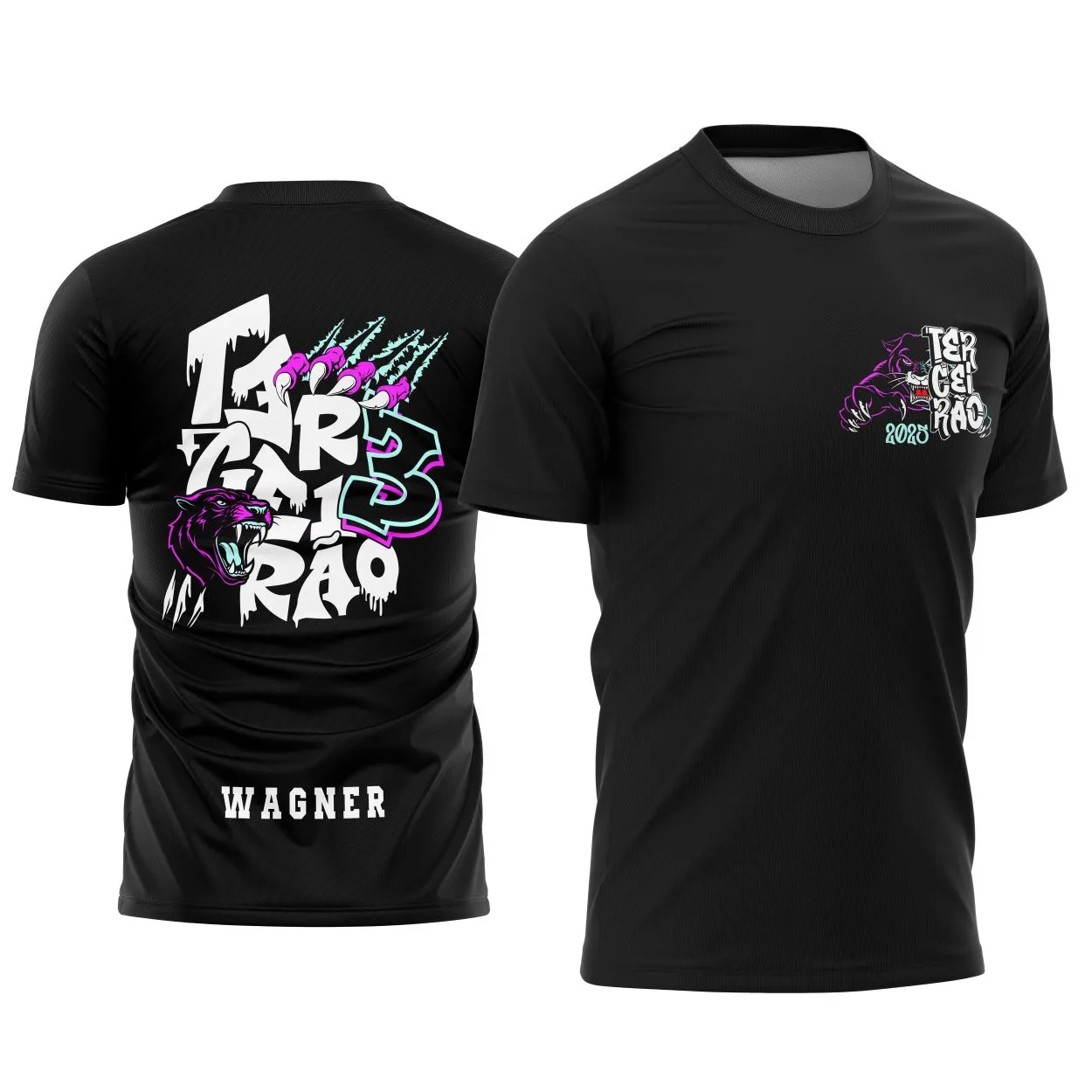 Camiseta preta unissex com logo no peito e estampa grande nas costas inspirada na Pantera Negra e Terceirão 2026, perfeita para destacar a turma com estilo marcante.