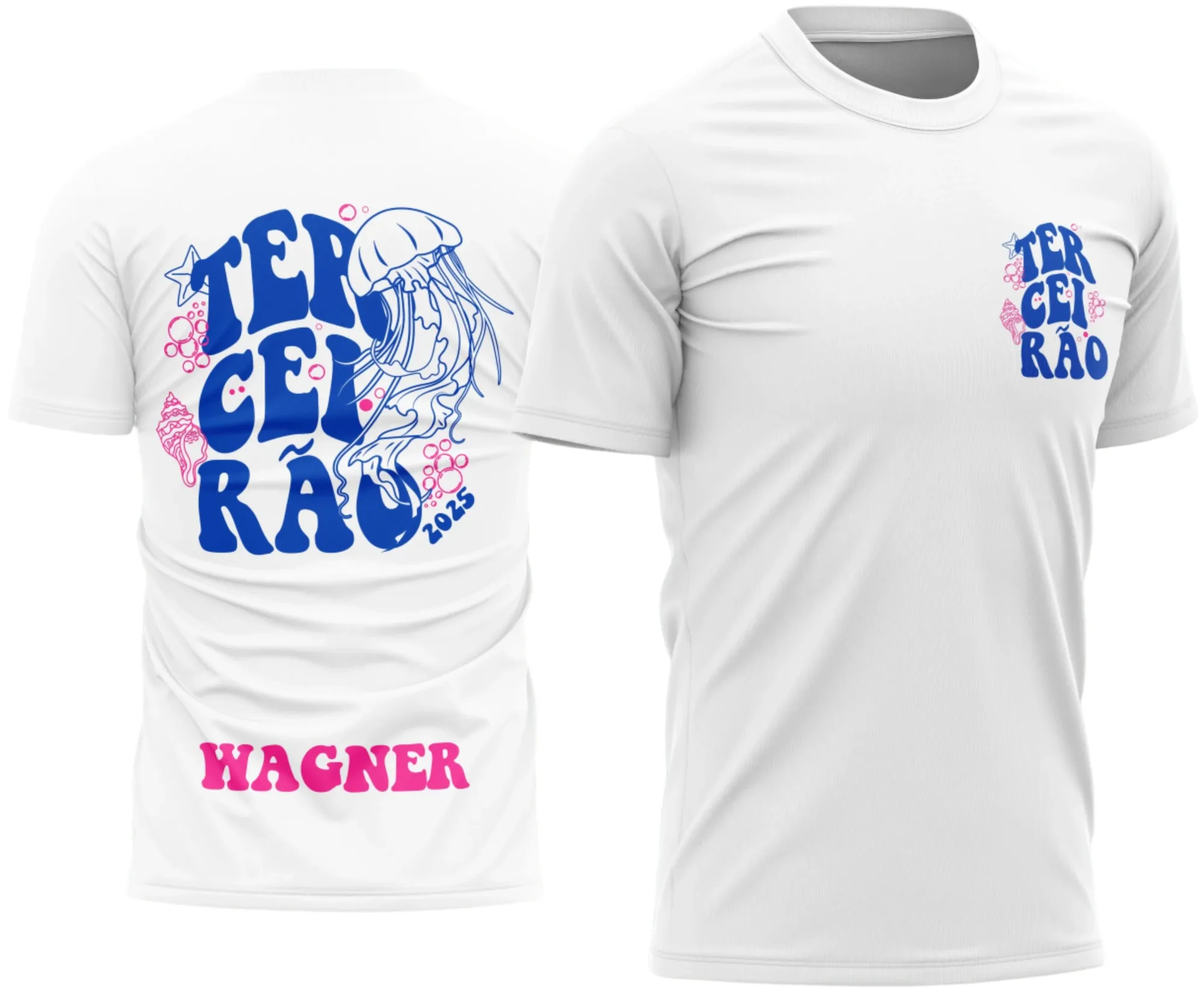 Foto da camiseta unissex preta com logo no peito e estampa grande nas costas, tema Terceirão Água Viva modelo 2, ideal para estudantes e fãs do tema.