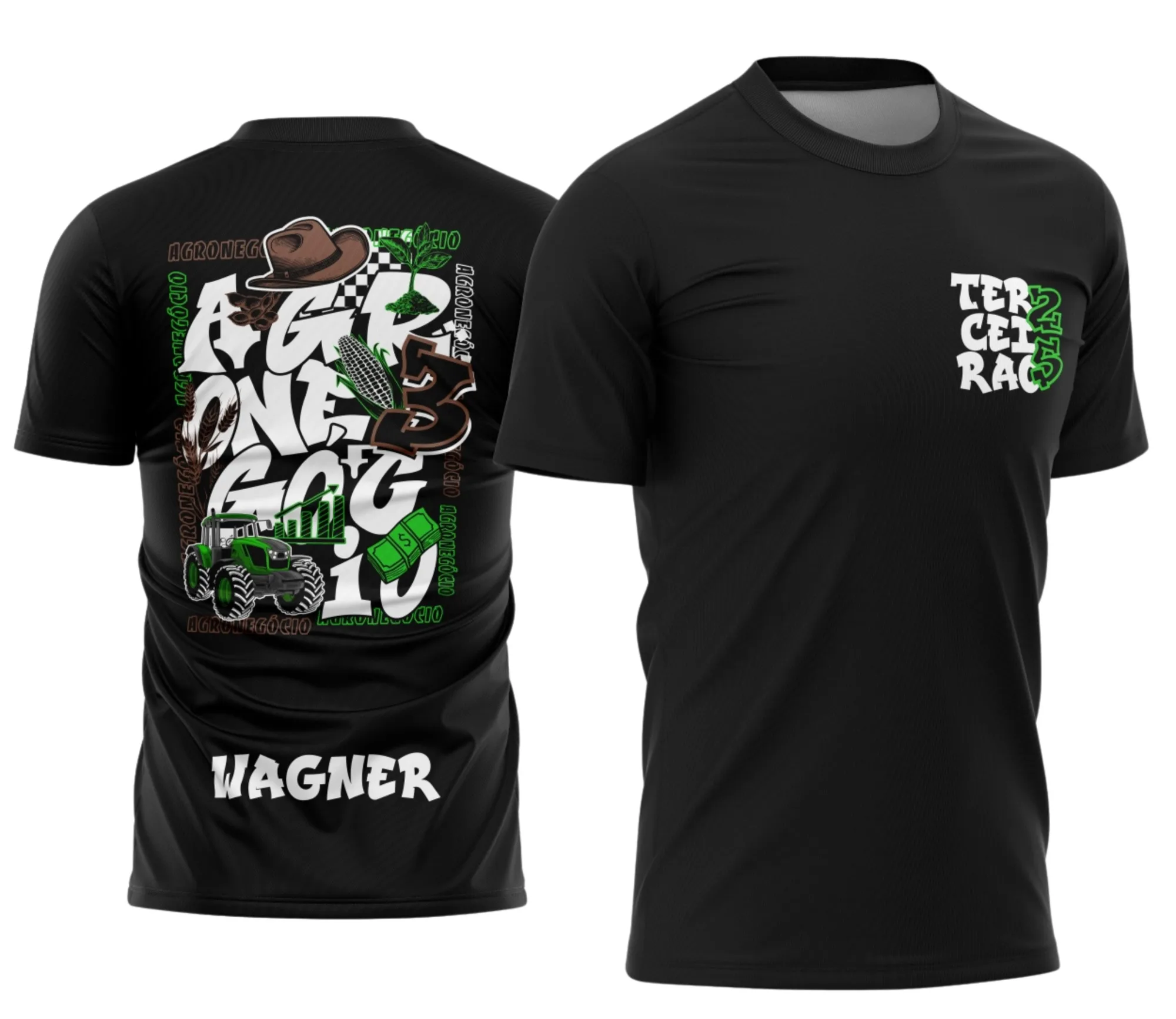 Camiseta unissex preta com logo no peito e estampa grande nas costas mostrando o tema do terceiro ano estilo agronegócio, perfeita para estudantes do campo e fãs do estilo rural.