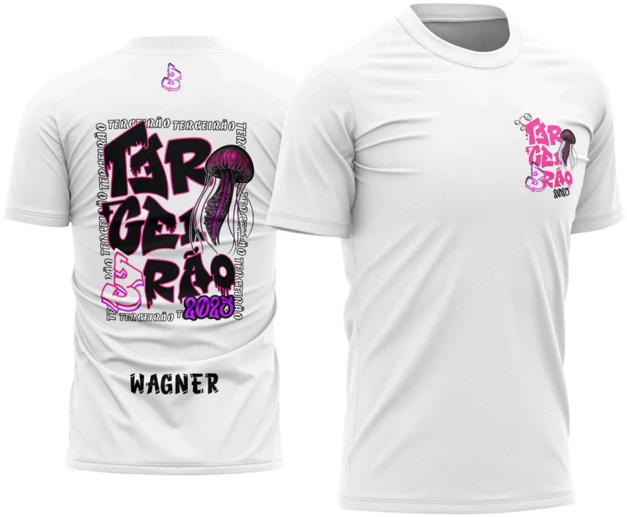 Camiseta unissex preta com logo no peito e estampa grande nas costas inspirada no tema Terceirão Água Viva modelo 2, destacando estilo único e moderno para jovens celebrando o fim do ensino médio.