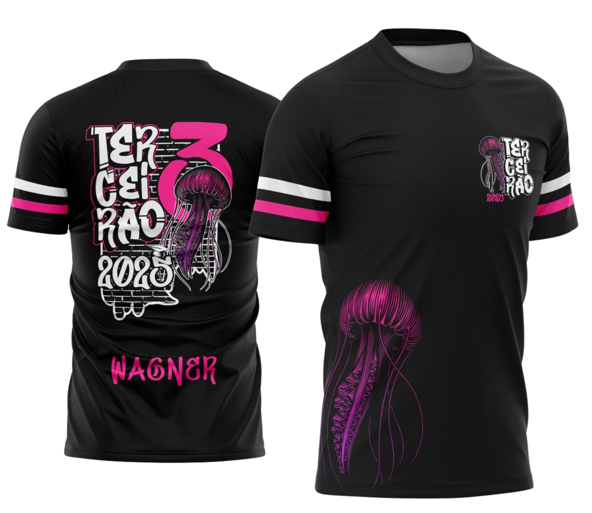 Camiseta unissex preta com logo no peito e estampa grande nas costas inspirada no Estilo Terceirão Água Viva, perfeita para quem quer destacar a identidade da turma com elegância e autenticidade.