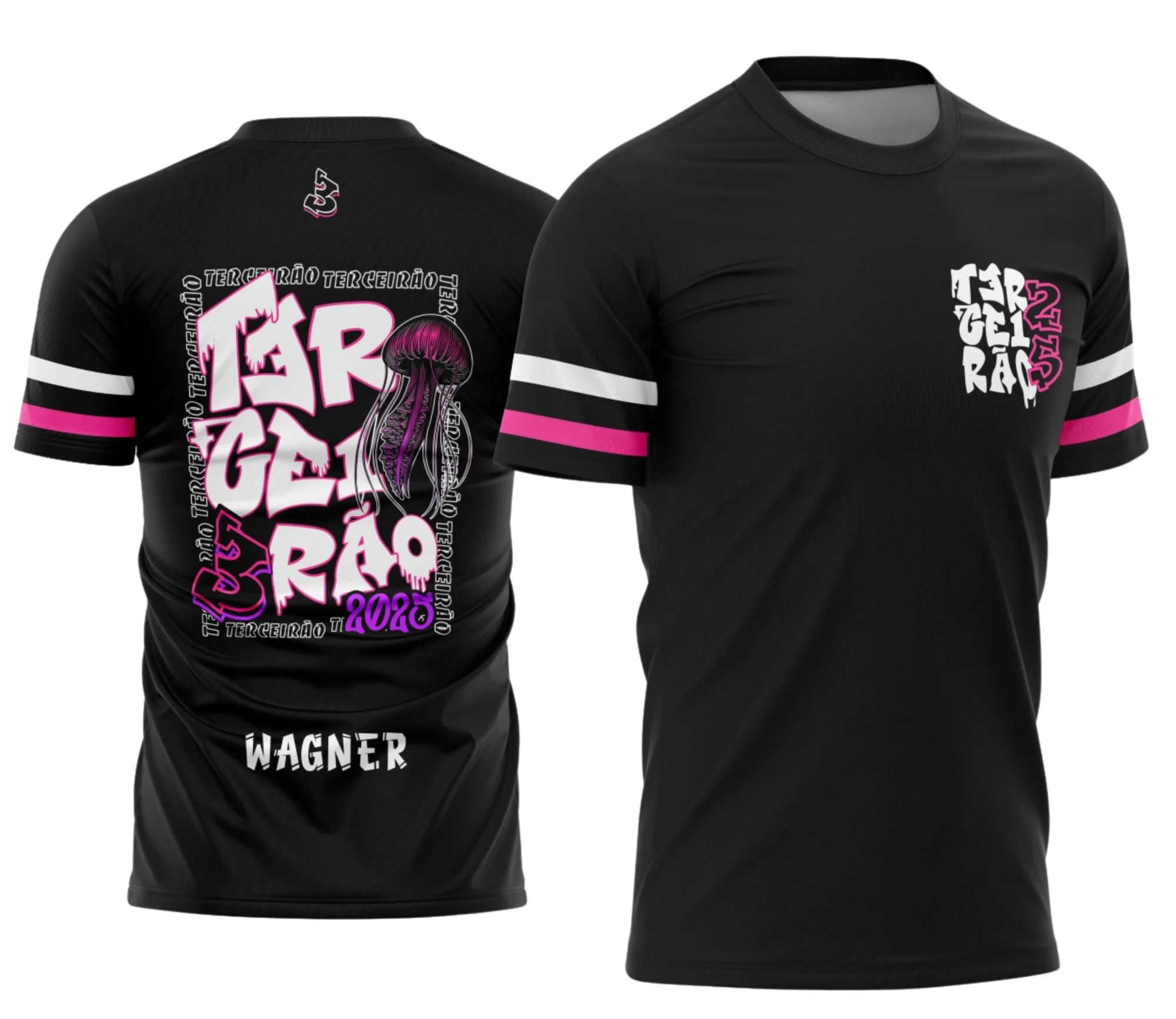 Camiseta unissex preta com logo no peito e estampa grande nas costas sobre tema Terceirão Água Viva modelo 2, ideal para estudantes celebrando o último ano escolar.