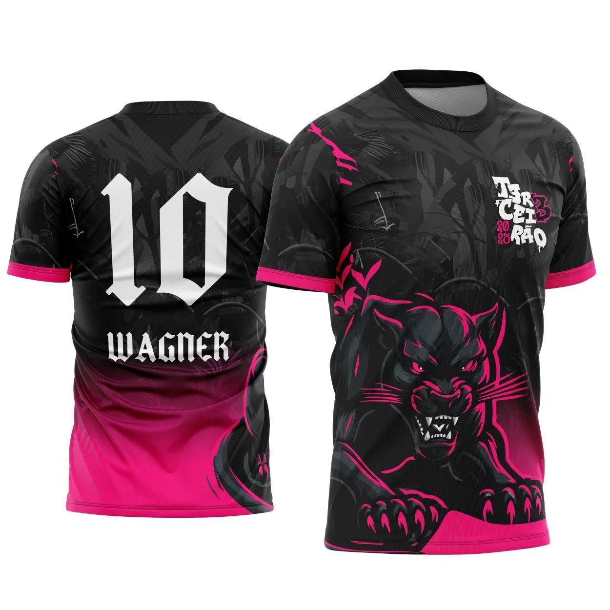 Camiseta unissex preta com logo no peito e estampa grande nas costas do Terceirão Pantera Negra modelo 2, com design moderno e marcante para estudantes.